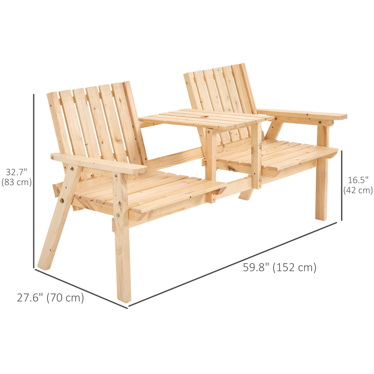 Banc extérieur en bois 2 places Outsunny avec table centrale et trou pour parasol, banc de jardin pour 2&nbsp;personnes, causeuse de patio avec siège