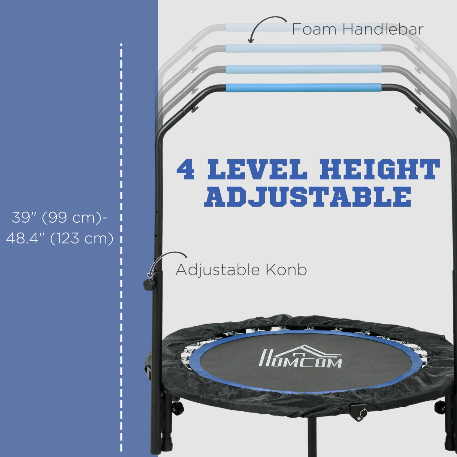 Soozier 40" Foldable Rebounder Trampoline for Adult, Mini Trampoline Indoor and Outdoor with 4 Level Adjustable U-Shaped Foam Handle, Quiet and Safe