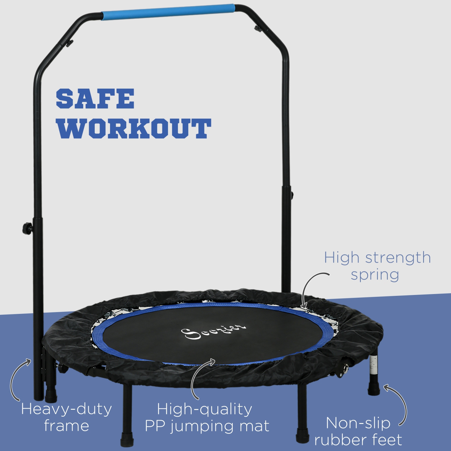 Soozier 40" Foldable Rebounder Trampoline for Adult, Mini Trampoline Indoor and Outdoor with 4 Level Adjustable U-Shaped Foam Handle, Quiet and Safe