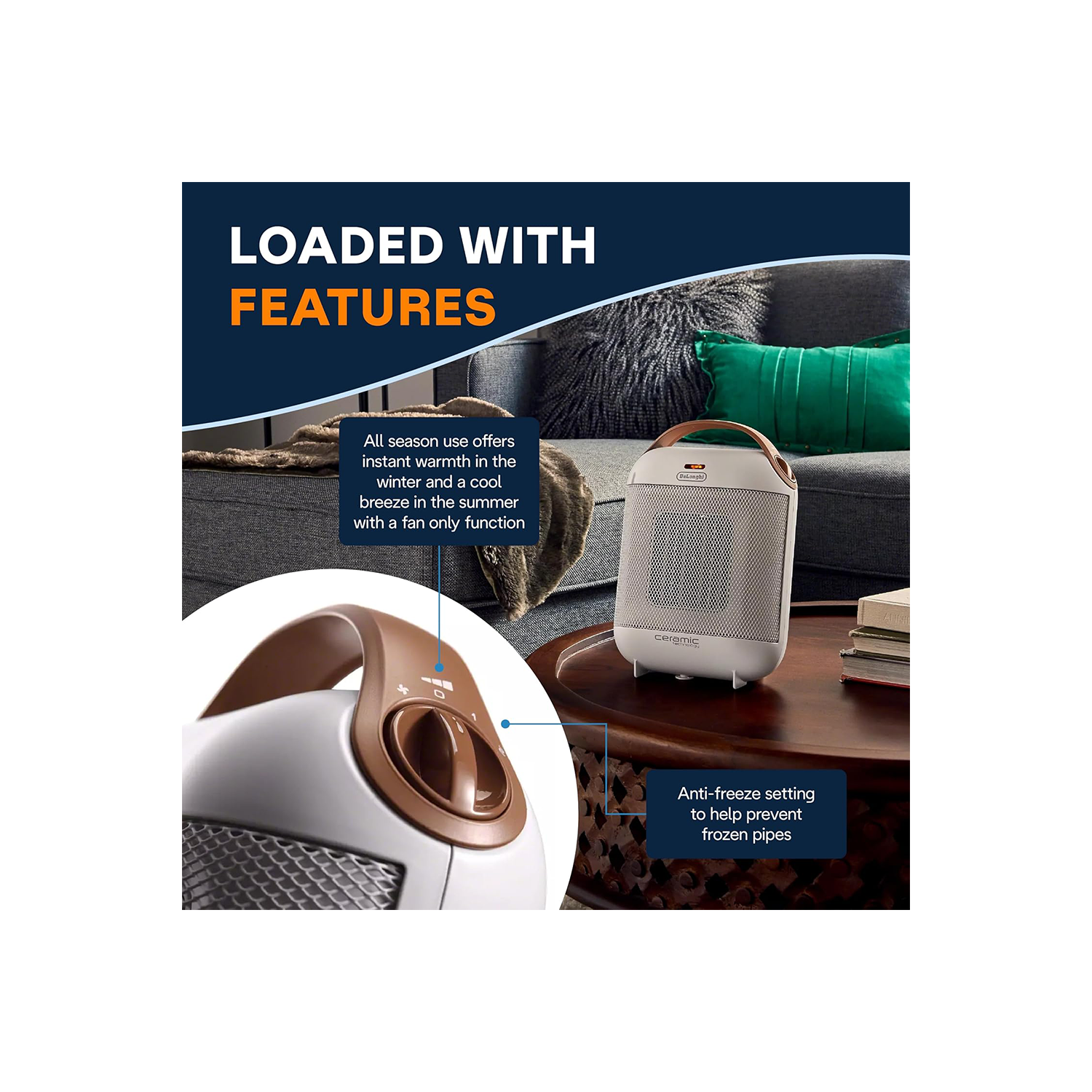 Open box- De'longhi HFX30C15WCA 7.5 in Capsule Ceramic Heater