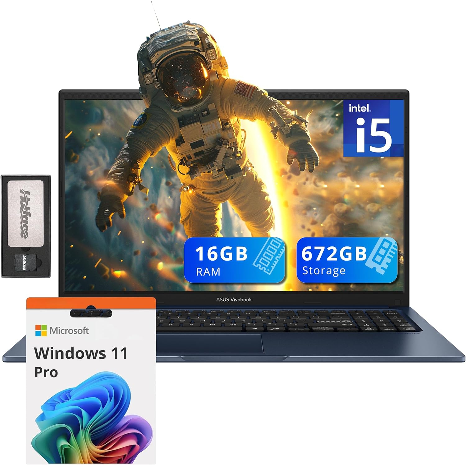 ASUS Vivobook 15.6 FHD Laptop, Intel i5-1235U, 16GB DDR4 RAM, 672GB Storage (512GB SSD+160GB Docking Station Set), Intel Iris Xe Graphics, Win 11 Pro, Quiet Blue
