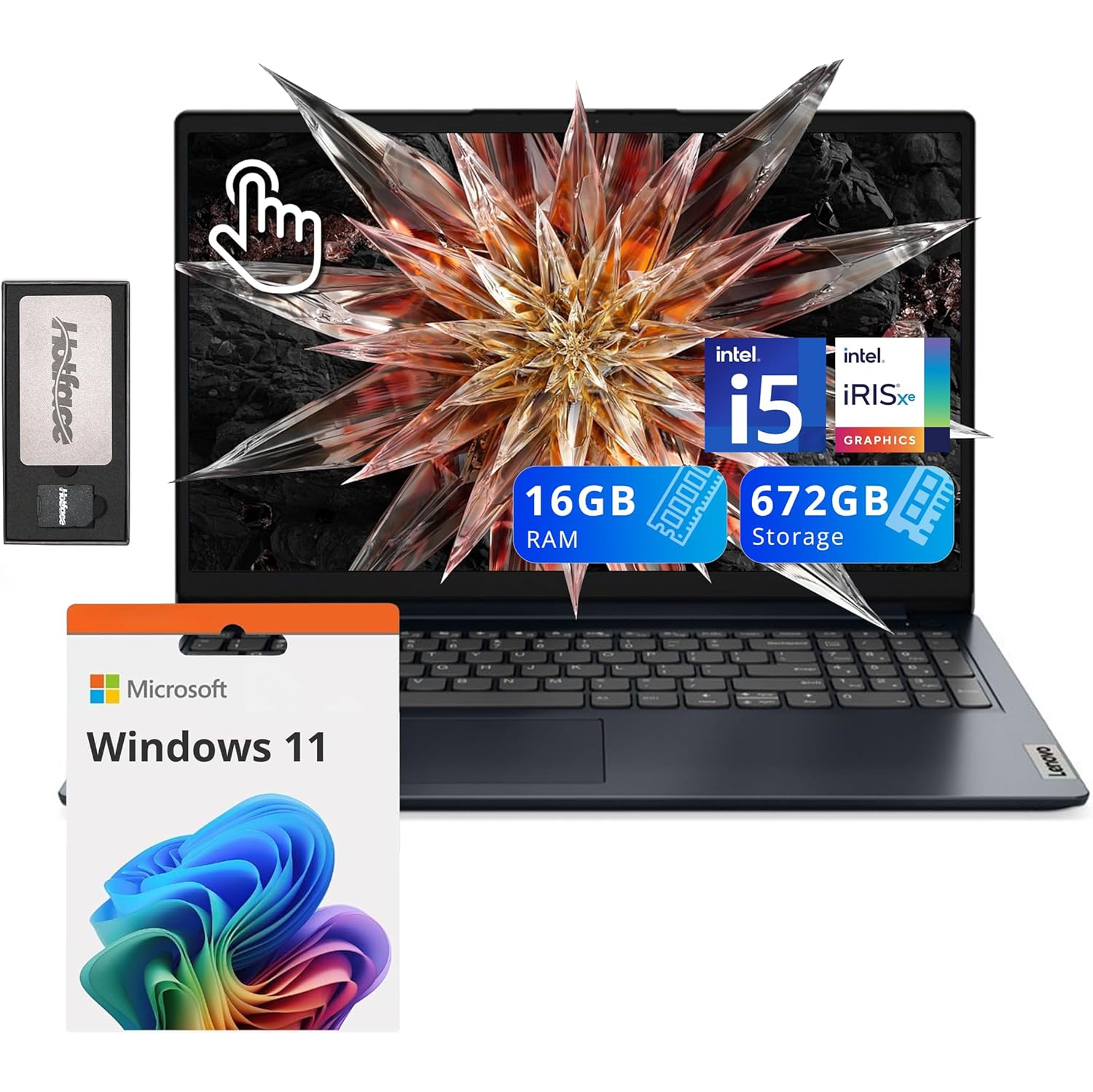 Lenovo IdeaPad 1i 15.6" FHD Touchscreen Laptop, Intel i5-1235U, 16GB RAM, 672GB Storage(512GB SSD+160GB Docking Station Set), Intel Iris Xe Graphics, Num Pad, Win 11, Abyss Blue