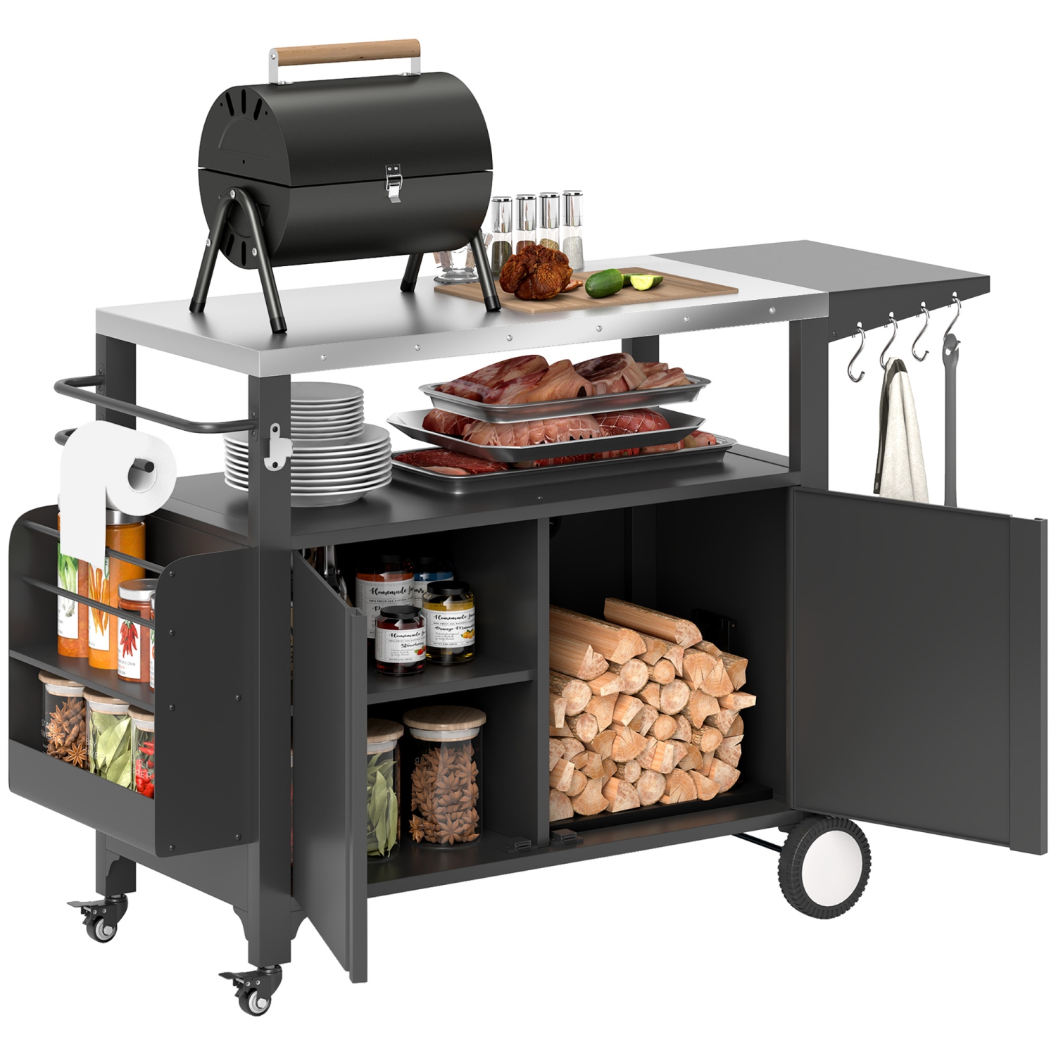Outsunny Outdoor Grill Cart with Foldable Side Table, 37.8" x 18.1" Pizza Oven Stand with Stainless Steel Tabletop, Storage & Towel Rack, Hooks,