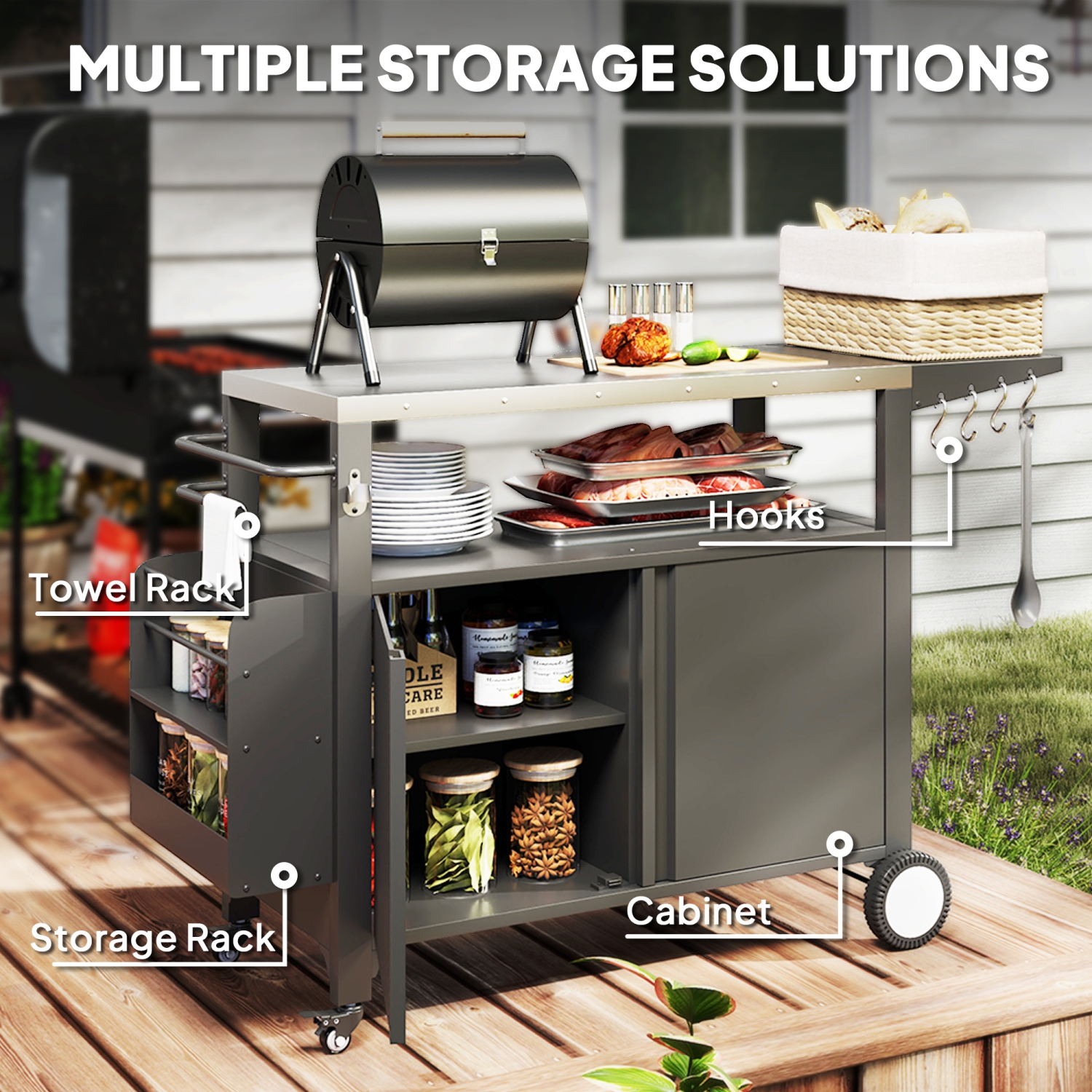 Outsunny Outdoor Grill Cart with Foldable Side Table, 37.8" x 18.1" Pizza Oven Stand with Stainless Steel Tabletop, Storage & Towel Rack, Hooks,