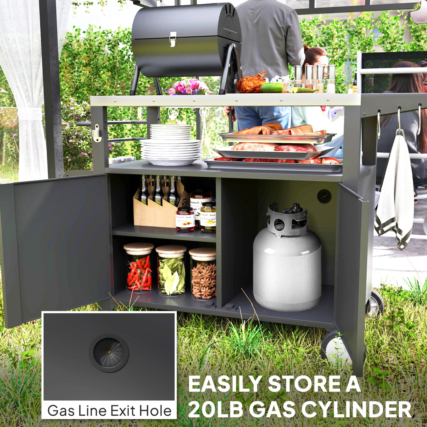 Outsunny Outdoor Grill Cart with Foldable Side Table, 37.8" x 18.1" Pizza Oven Stand with Stainless Steel Tabletop, Storage & Towel Rack, Hooks,