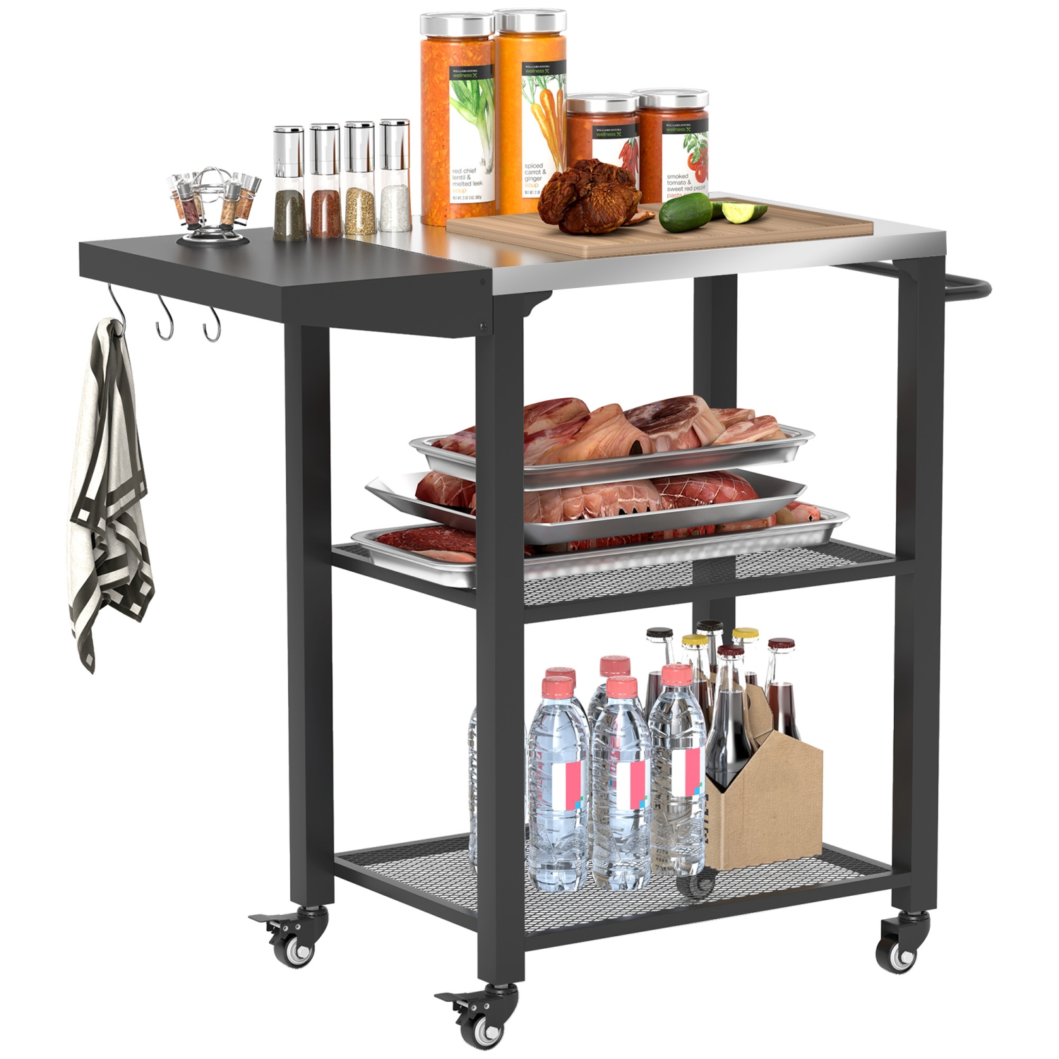 Outsunny 3-Shelf Outdoor Grill Cart with Foldable Side Table, 22" x 16.1" Pizza Oven Stand with Stainless Steel Tabletop, Hooks, Movable Food Prep
