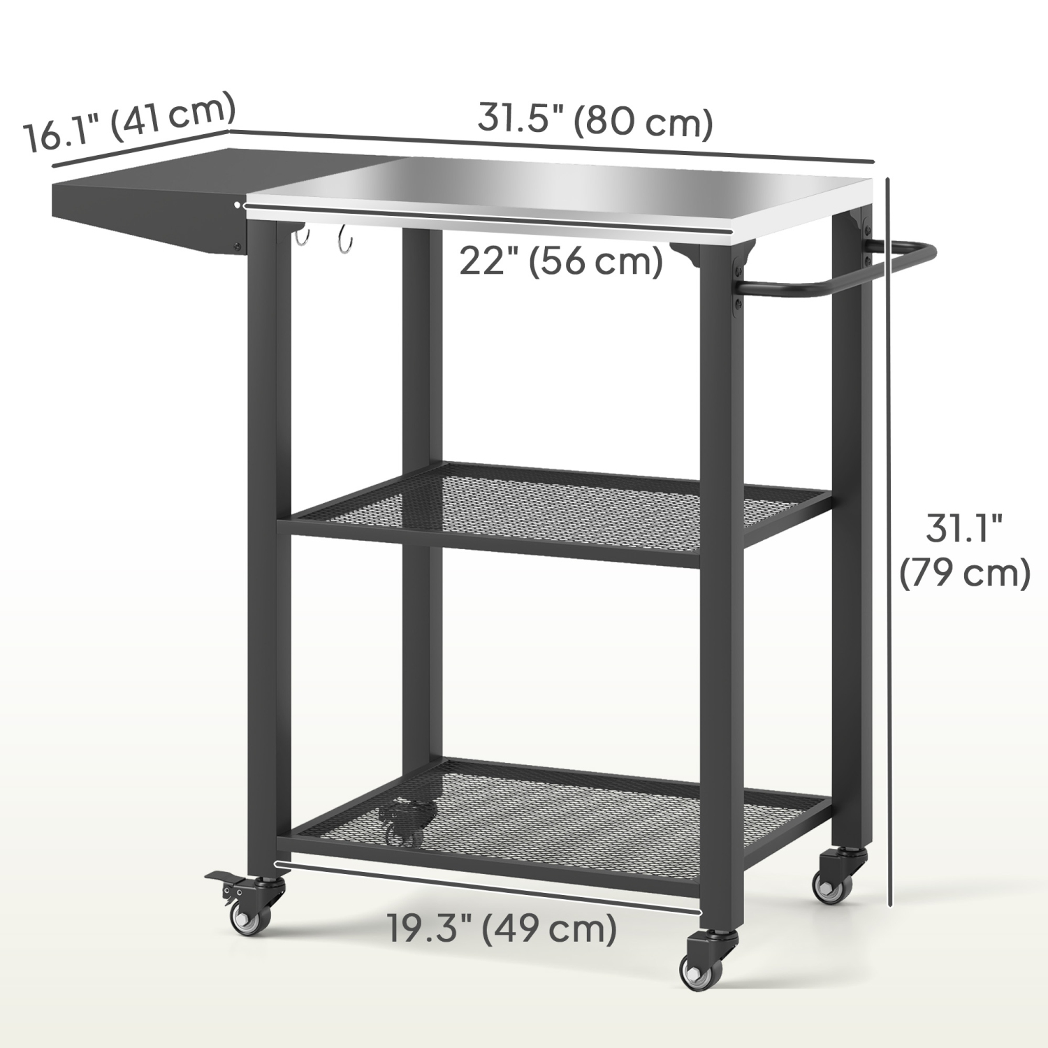 Outsunny 3-Shelf Outdoor Grill Cart with Foldable Side Table, 22" x 16.1" Pizza Oven Stand with Stainless Steel Tabletop, Hooks, Movable Food Prep