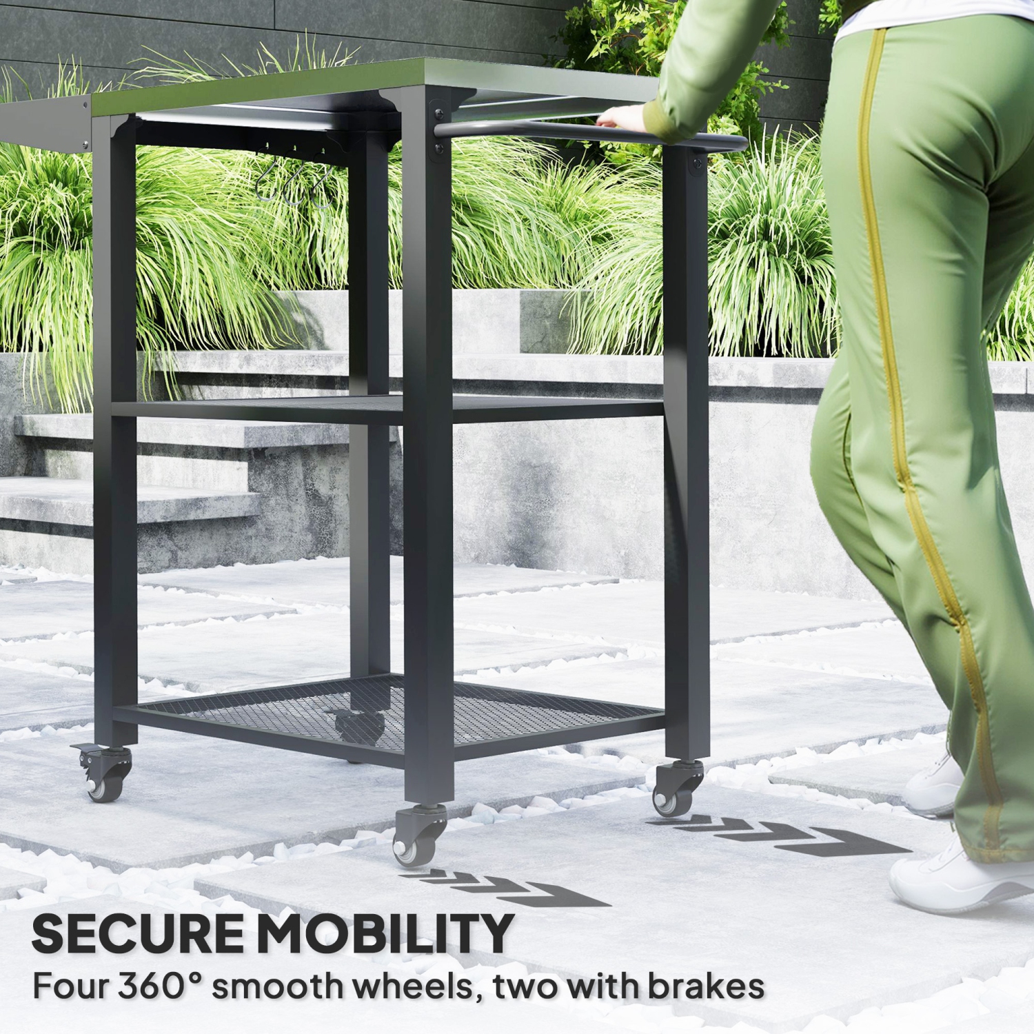 Outsunny 3-Shelf Outdoor Grill Cart with Foldable Side Table, 22" x 16.1" Pizza Oven Stand with Stainless Steel Tabletop, Hooks, Movable Food Prep