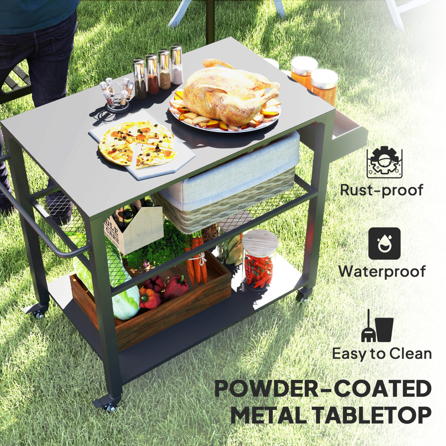 Outsunny Three-Shelf Outdoor Grill Dining Cart, Pizza Oven Stand with Storage Rack, Side Handle, BBQ Movable Food Prep Table with 4 Wheels for