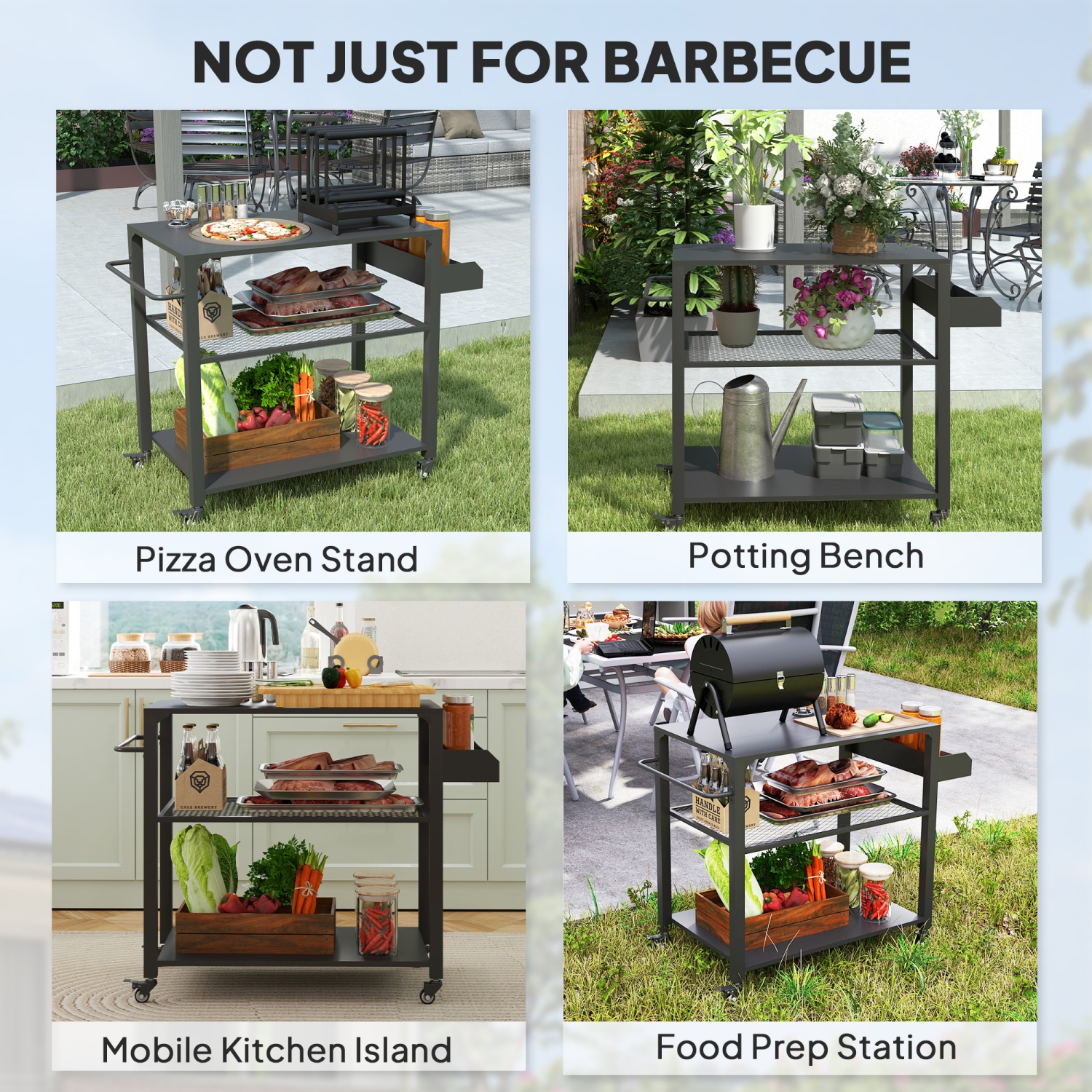 Outsunny Three-Shelf Outdoor Grill Dining Cart, Pizza Oven Stand with Storage Rack, Side Handle, BBQ Movable Food Prep Table with 4 Wheels for