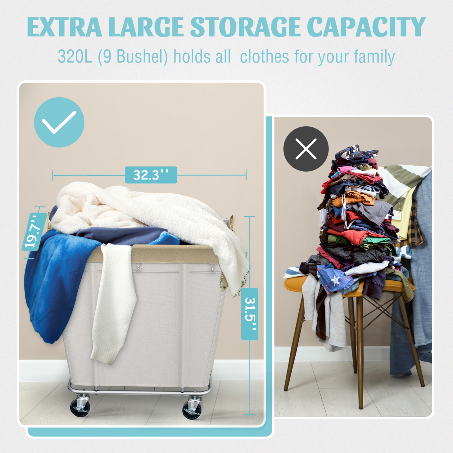 Zachvo – Chariot à lessive avec roues 320&nbsp;L Grand chariot à roulettes pour commercial/maison, panier à linge roulant avec cadre en acier et