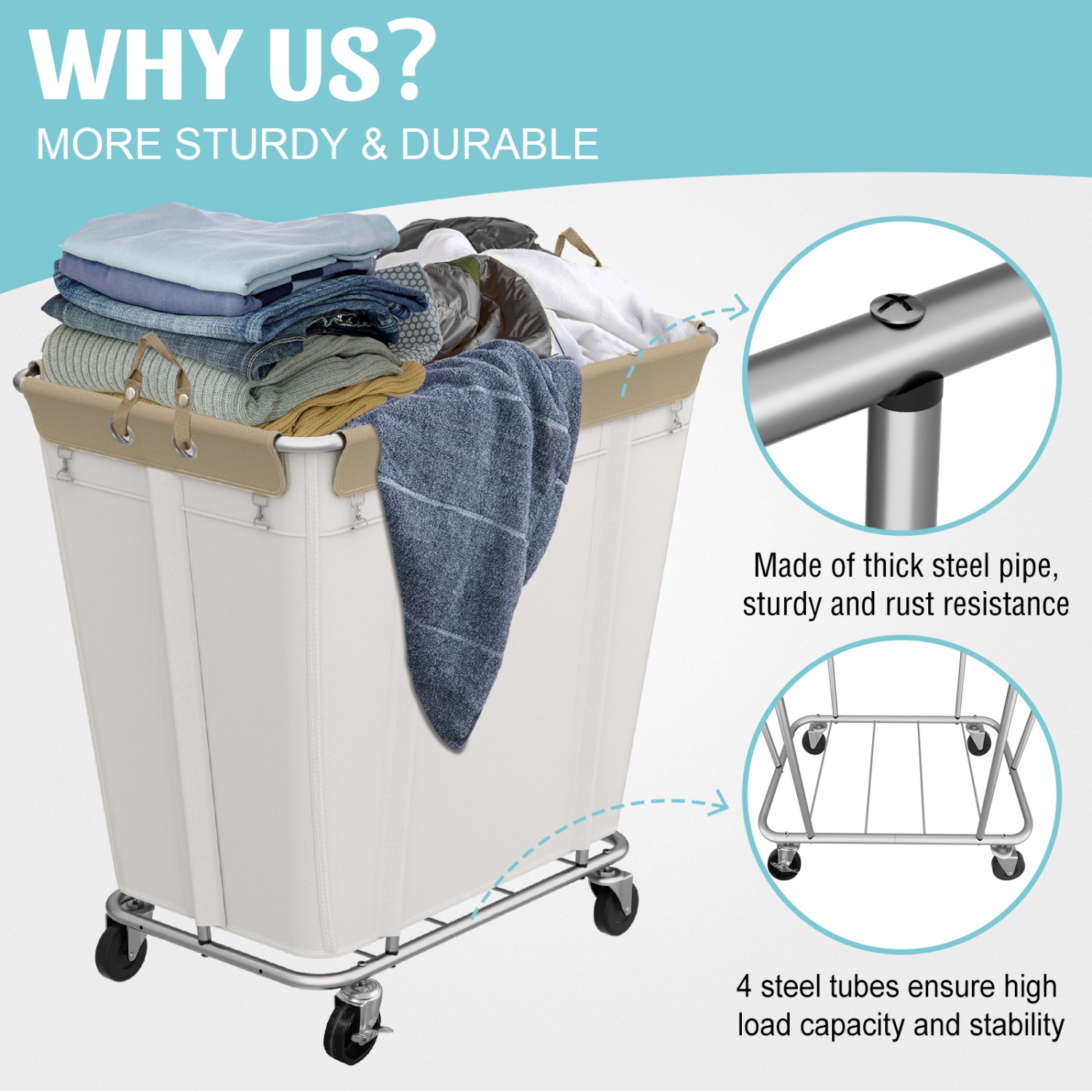 Zachvo – Chariot à lessive avec roues 320&nbsp;L Grand chariot à roulettes pour commercial/maison, panier à linge roulant avec cadre en acier et