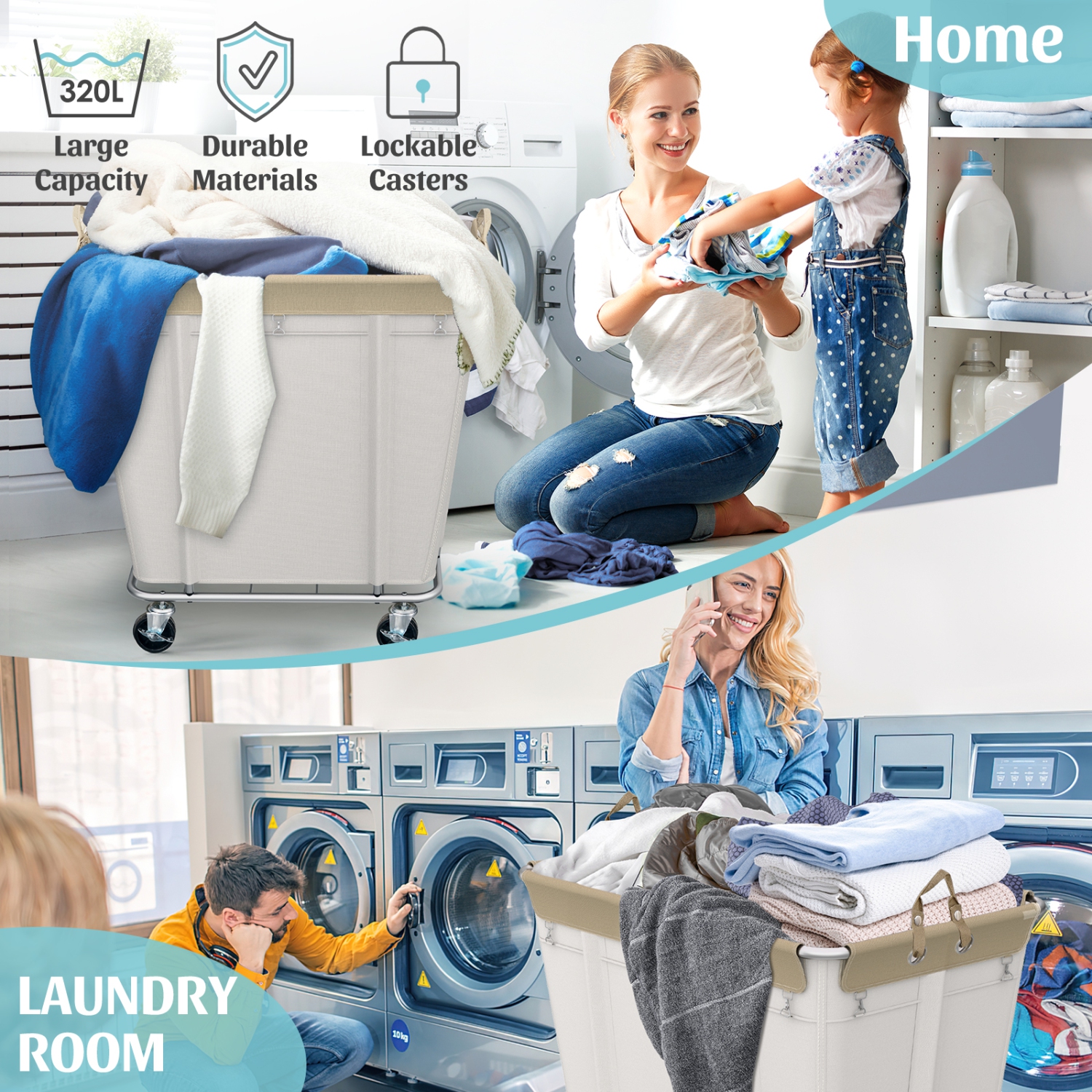 Zachvo – Chariot à lessive avec roues 320&nbsp;L Grand chariot à roulettes pour commercial/maison, panier à linge roulant avec cadre en acier et