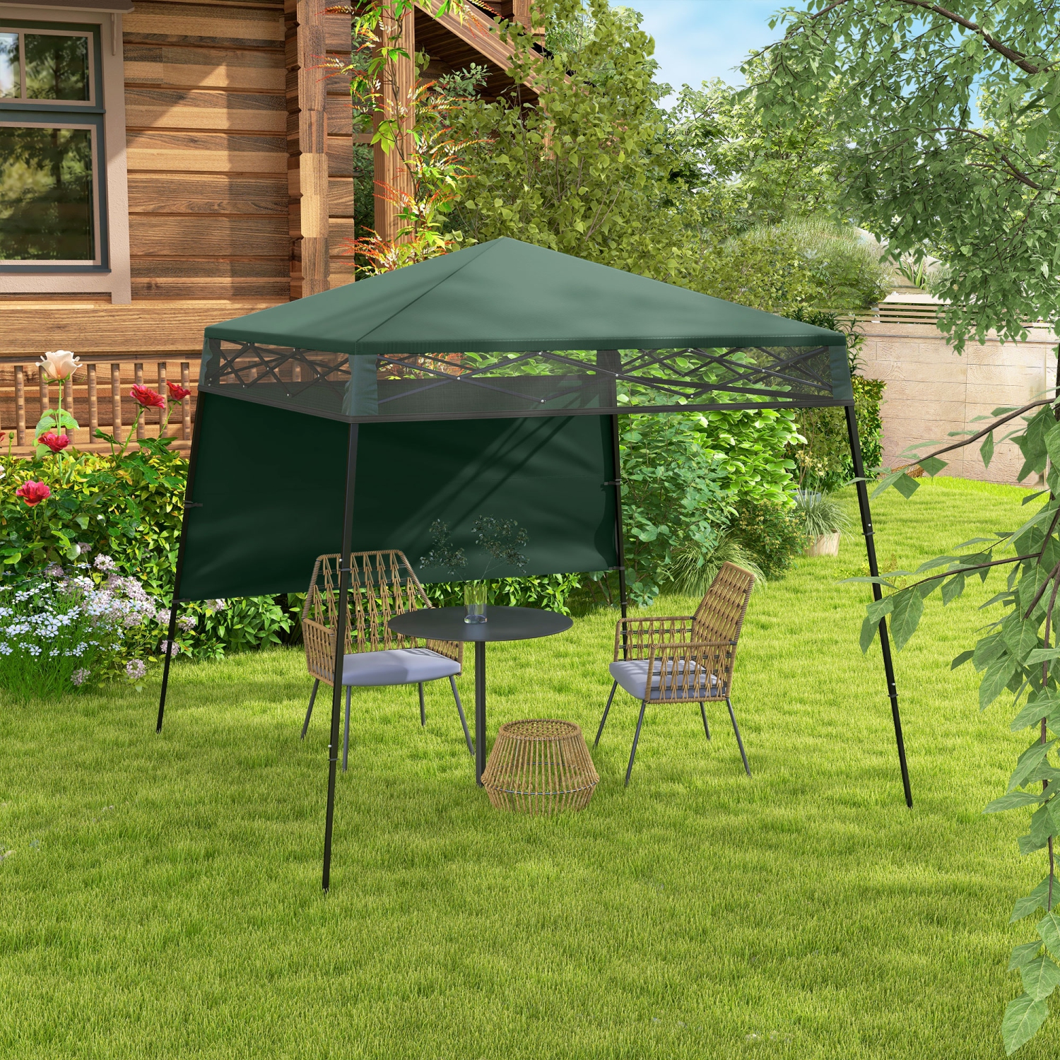 Tente escamotable Outsunny Garden 7 x 7 pi, sac à dos, auvent de fête extérieur à pattes ajustables, vert et noir