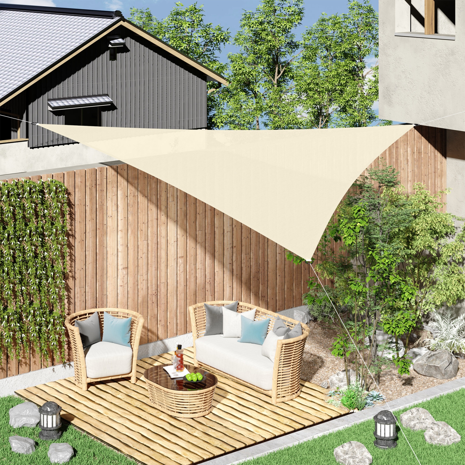 Outsunny Triangle 10' x 10' x 10' Outdoor Sun Shade Sail, Garden Cover UV Block Fabric Canopy for Patio, Yard, Deck, Cream White