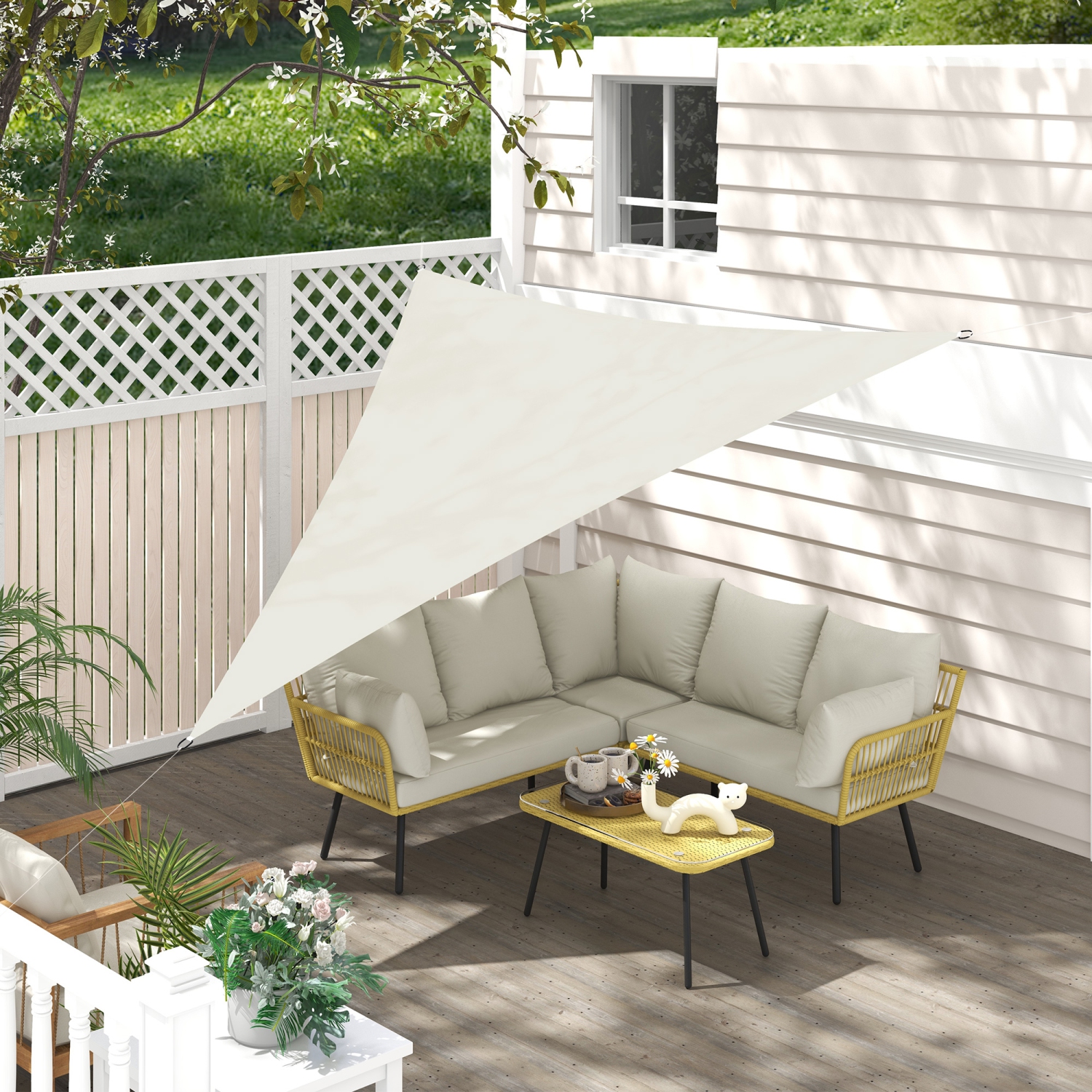 Outsunny Triangle 10' x 10' x 10' Outdoor Sun Shade Sail, Garden Cover UV Block Fabric Canopy for Patio, Yard, Deck, Cream White