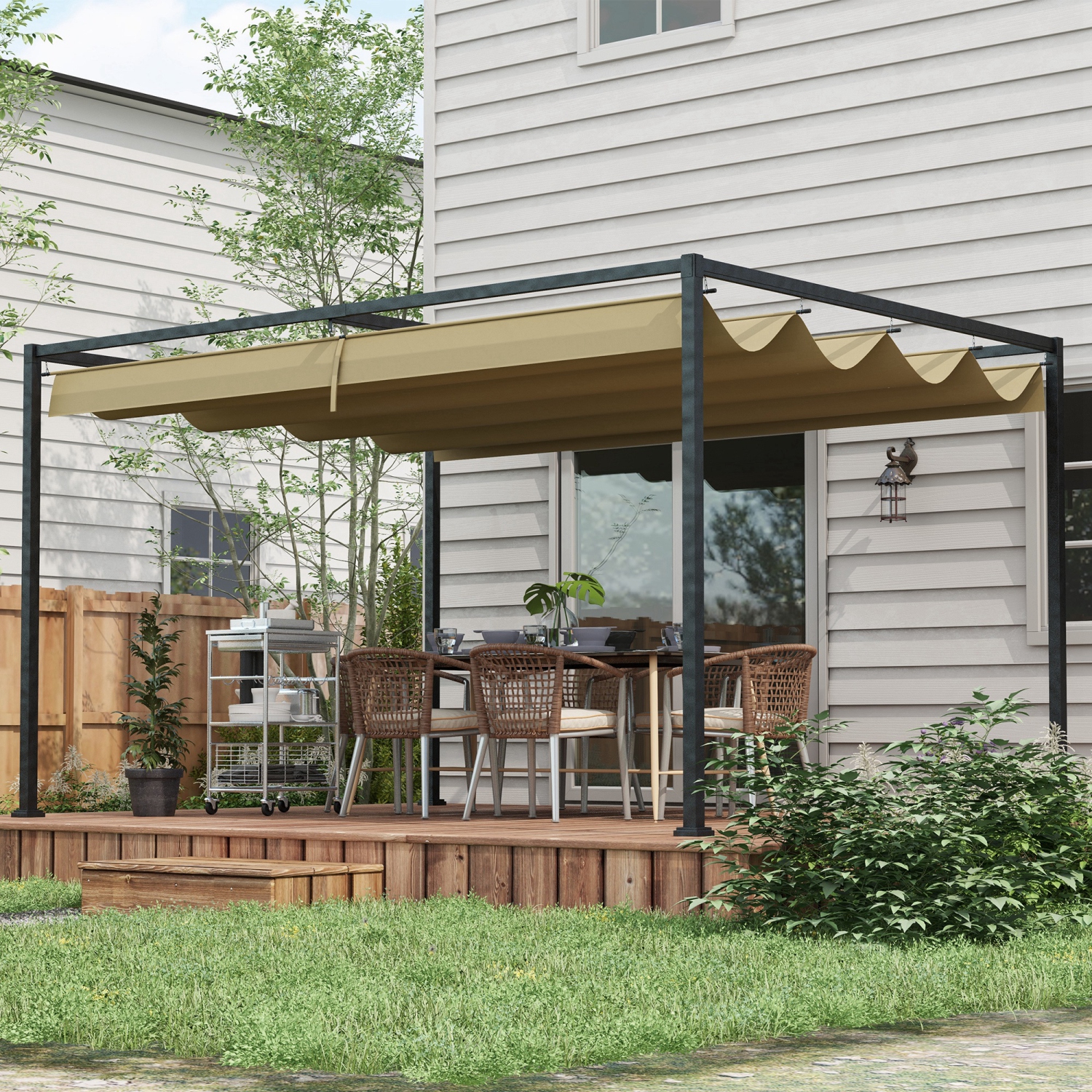 Outsunny 10' x 7' Patio Pergola with Retractable Canopy, Outdoor Sun Shelter, Yard Shade, Khaki