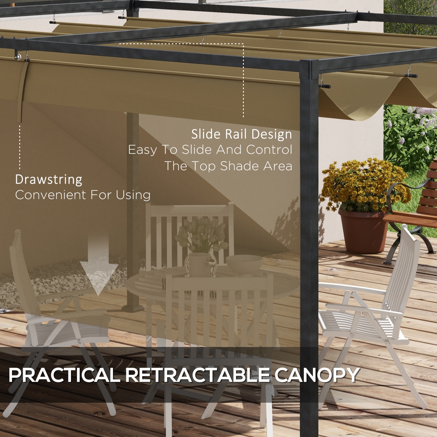 Outsunny 10' x 7' Patio Pergola with Retractable Canopy, Outdoor Sun Shelter, Yard Shade, Khaki