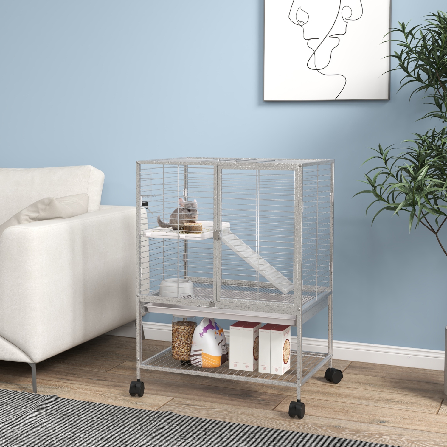 PawHut Guinea Pig Ferret Chinchilla Cage with Wheels, Pet Playpen for Rat, Kitten with Bottom Storage Shelf, Removable Tray, Ramp, 24" x 18" x 34",