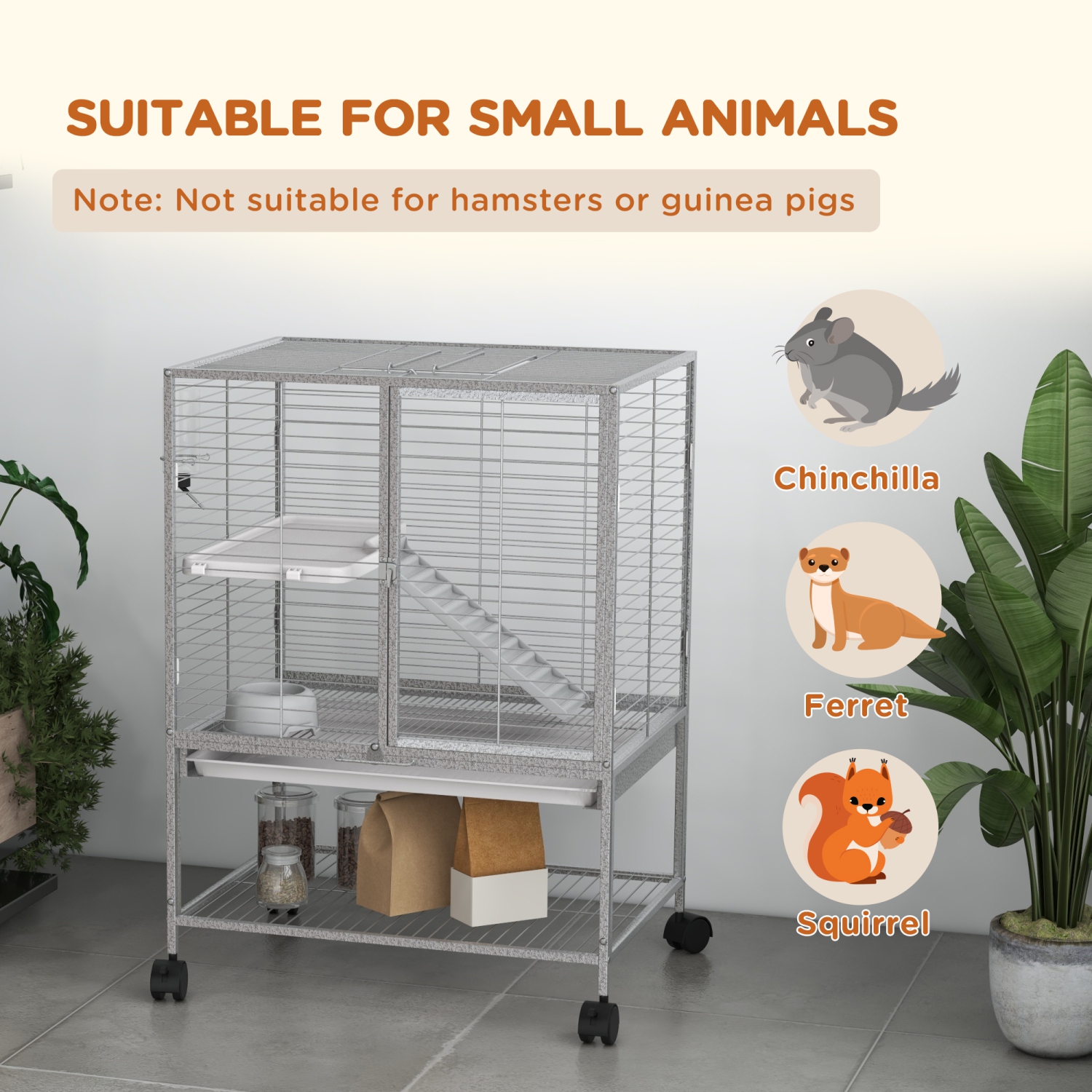 PawHut Guinea Pig Ferret Chinchilla Cage with Wheels, Pet Playpen for Rat, Kitten with Bottom Storage Shelf, Removable Tray, Ramp, 24" x 18" x 34",