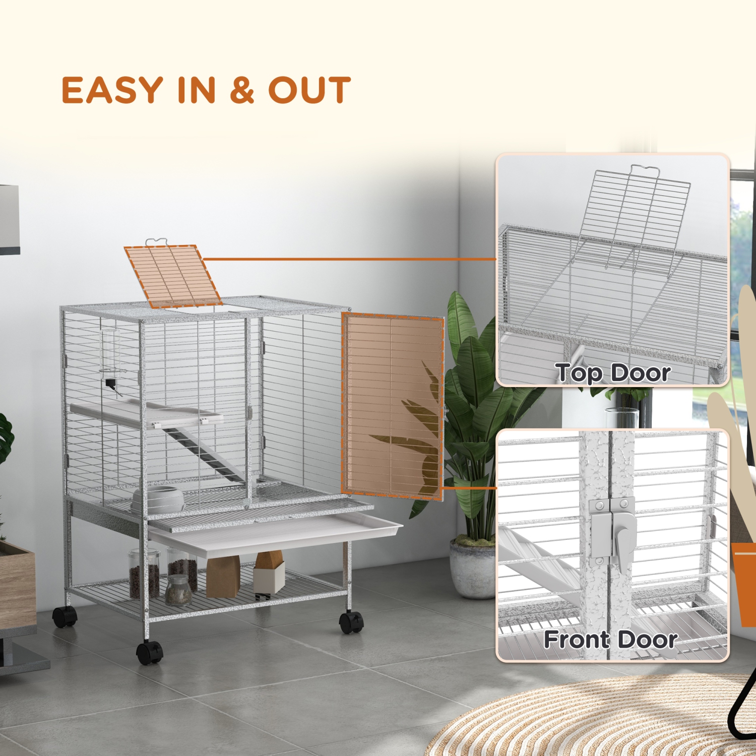 PawHut Guinea Pig Ferret Chinchilla Cage with Wheels, Pet Playpen for Rat, Kitten with Bottom Storage Shelf, Removable Tray, Ramp, 24" x 18" x 34",