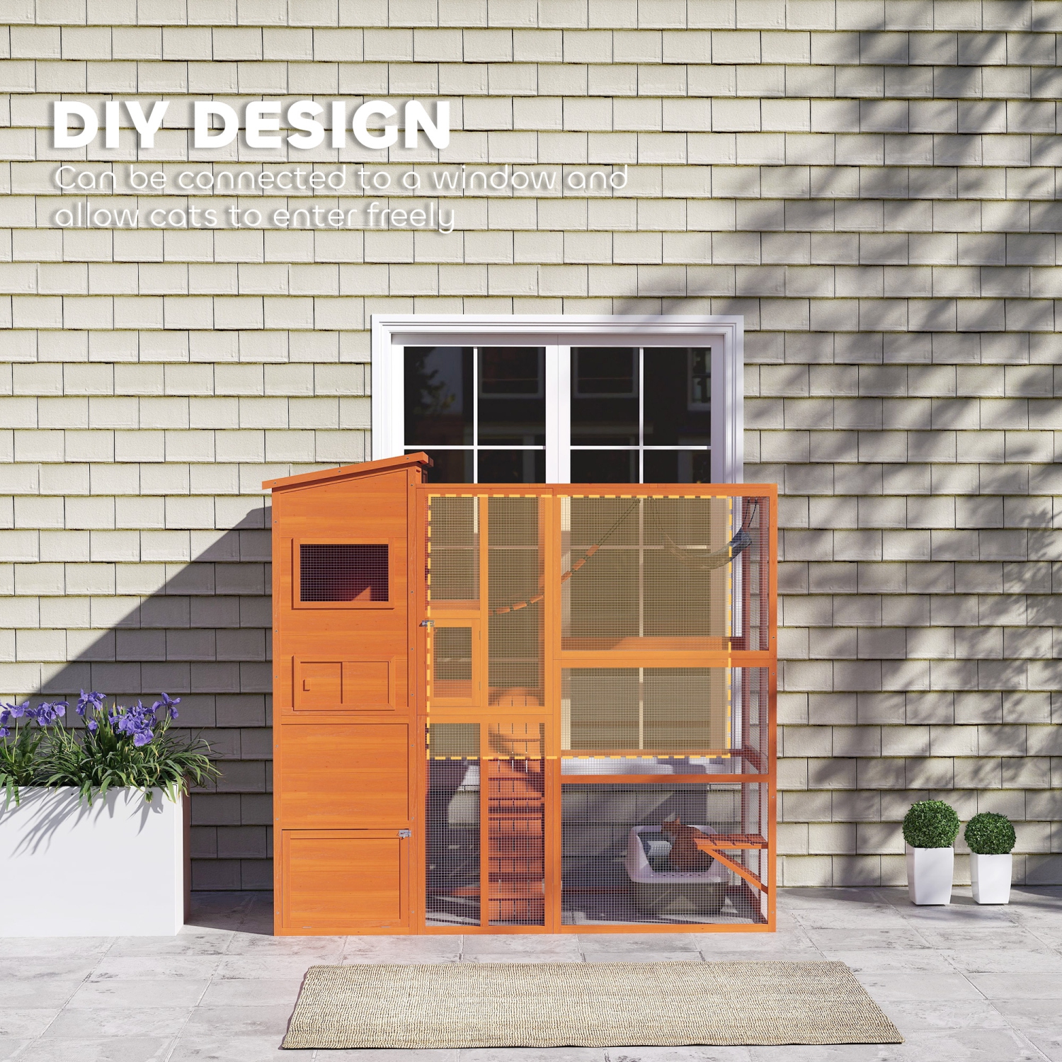 PawHut Catio Outdoor Cat Enclosure, 76" L Large Weatherproof Cat House with Cat Condo, Jumping Platforms, Ladder, Ramps, Hammock for 2-3 Indoor Cats,