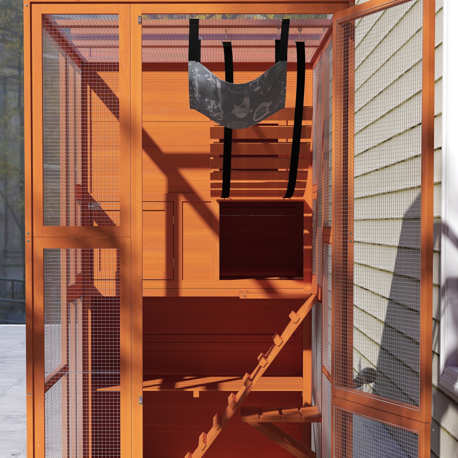 PawHut Catio Outdoor Cat Enclosure, 76" L Large Weatherproof Cat House with Cat Condo, Jumping Platforms, Ladder, Ramps, Hammock for 2-3 Indoor Cats,