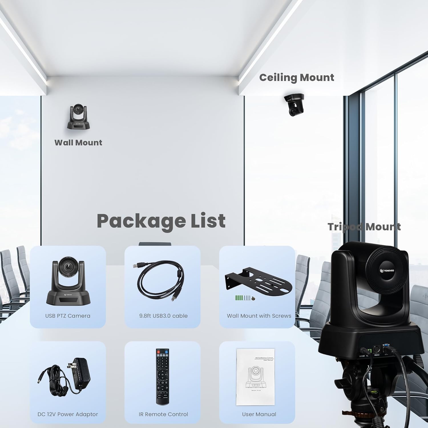 Remis à neuf - Appareil photo PTZ à zoom optique 3x de TONGVEO Vidéo conférence USB 1080P grand-angle 128 degrés - Noir