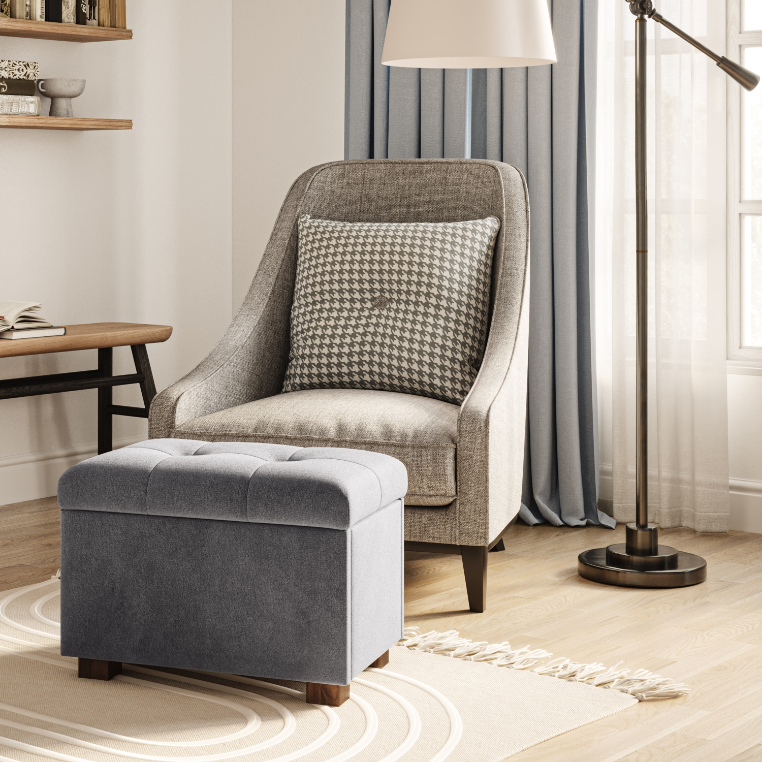 Banc pouf de rangement en velours de Corliving, petit pouf de rangement, repose-pieds, pouf pour petits espaces, pour salon, gris