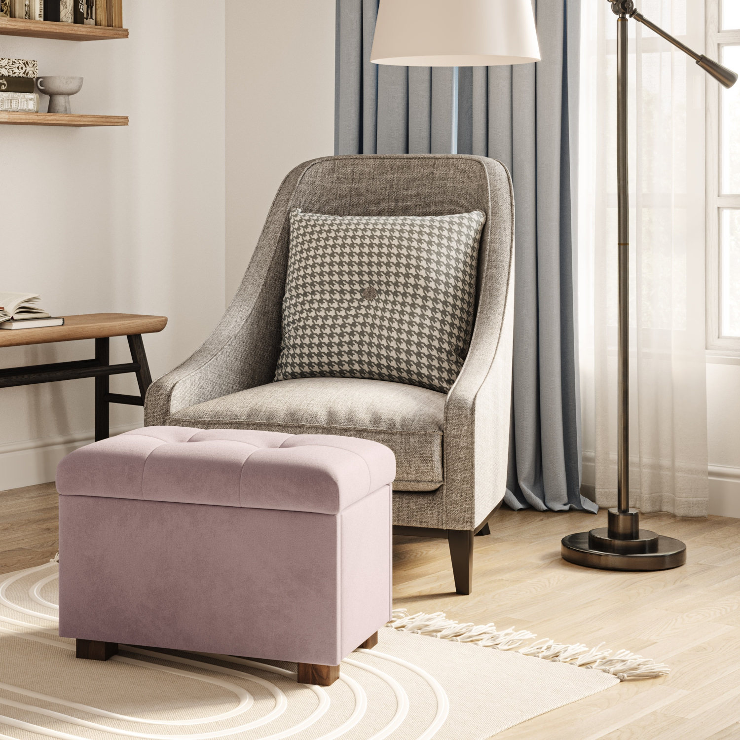 Pouf de rangement en velours de Corliving, petit pouf de rangement, repose-pieds, pouf pour petits espaces, pour salon, rose pâle