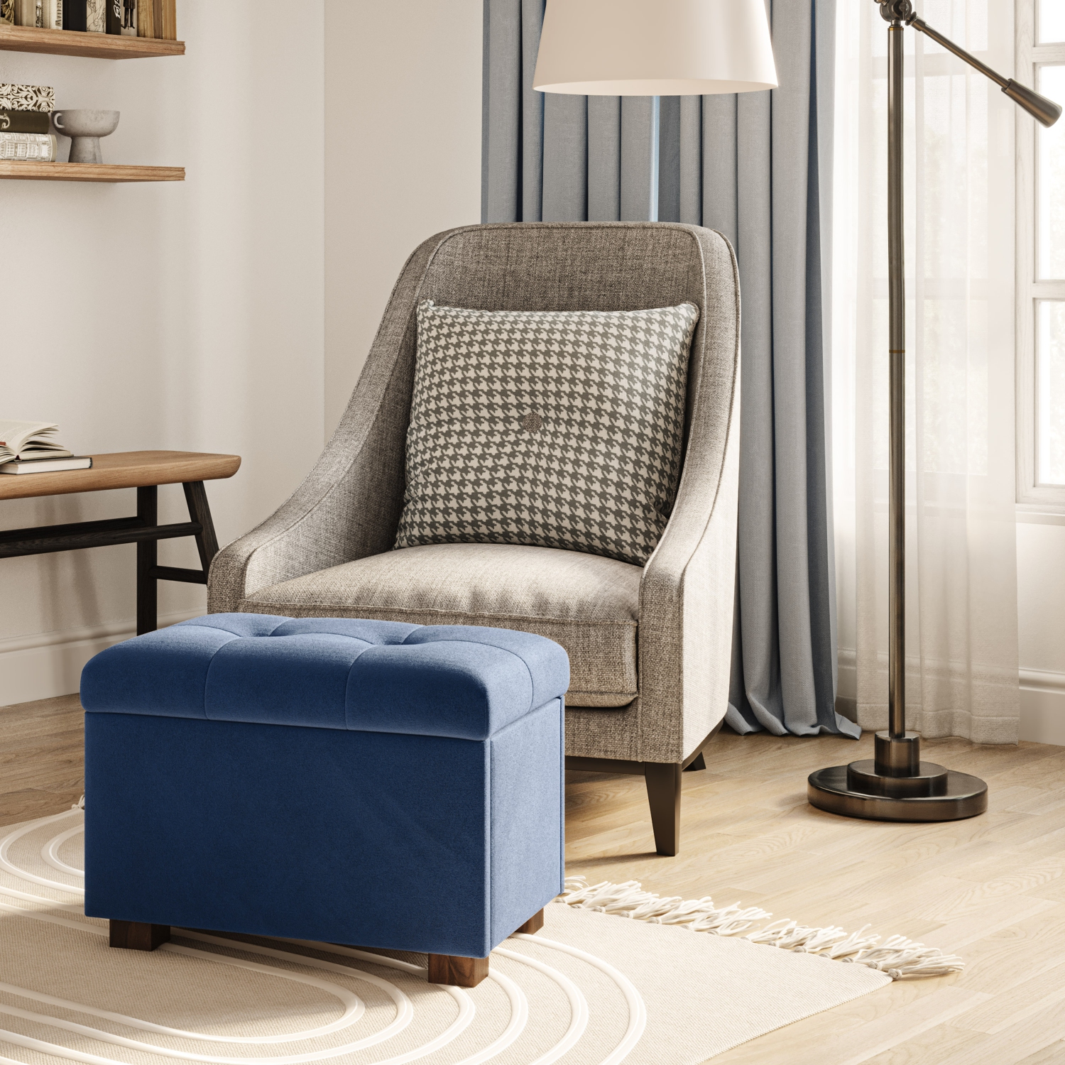 Banc pouf de rangement en velours de Corliving, petit pouf de rangement, repose-pieds, pouf pour petits espaces, pour salon, bleu marine