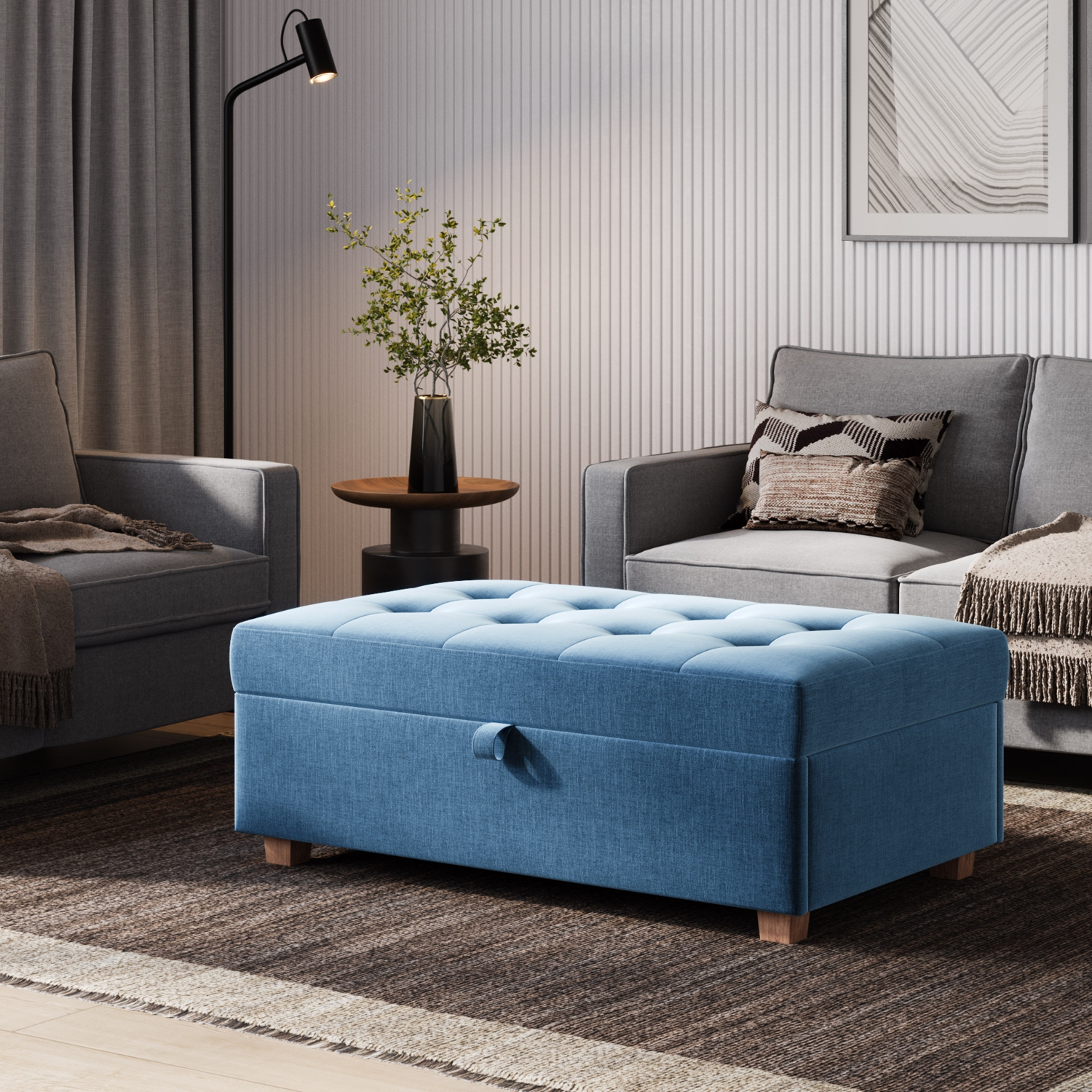 CorLiving – Très grand pouf de rangement de 47&nbsp;po, pouf de rangement, coffre de rangement, pour salon, chambre à coucher, Bleu