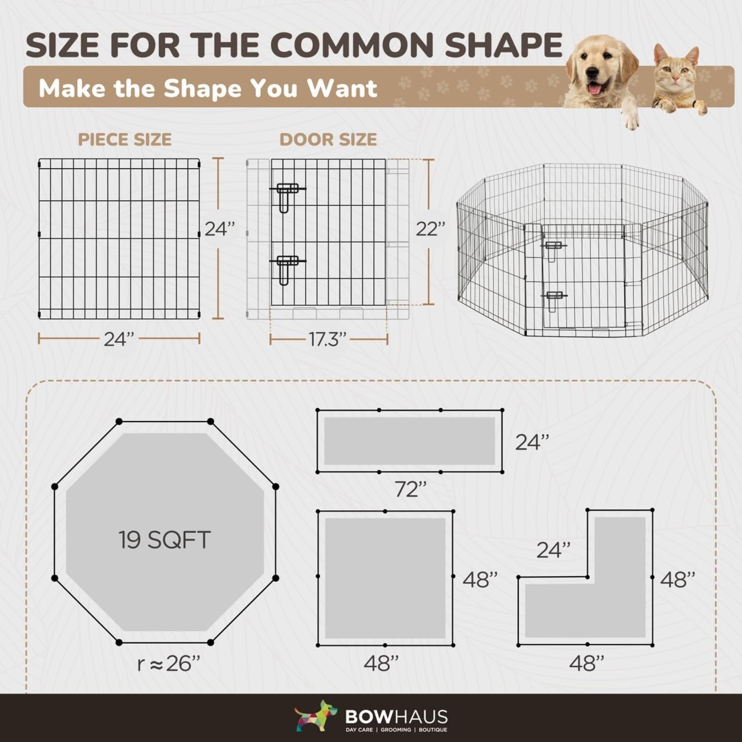 CAPHAUS Foldable Outdoor/Indoor Pet Playpen with Gate, Available in 24 Inch Height Metal Portable Kennel, Heavy-Duty Exercise Fence Cage 8 Panels for