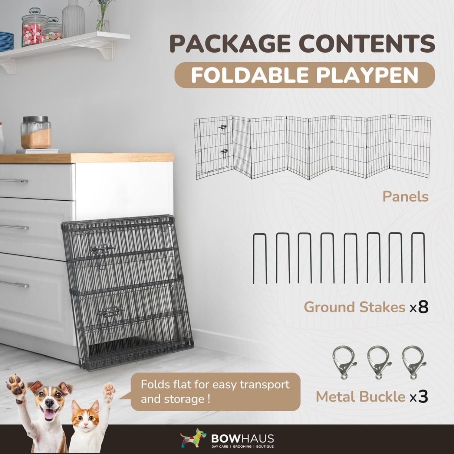 CAPHAUS Foldable Outdoor/Indoor Pet Playpen with Gate, Available in 24 Inch Height Metal Portable Kennel, Heavy-Duty Exercise Fence Cage 8 Panels for