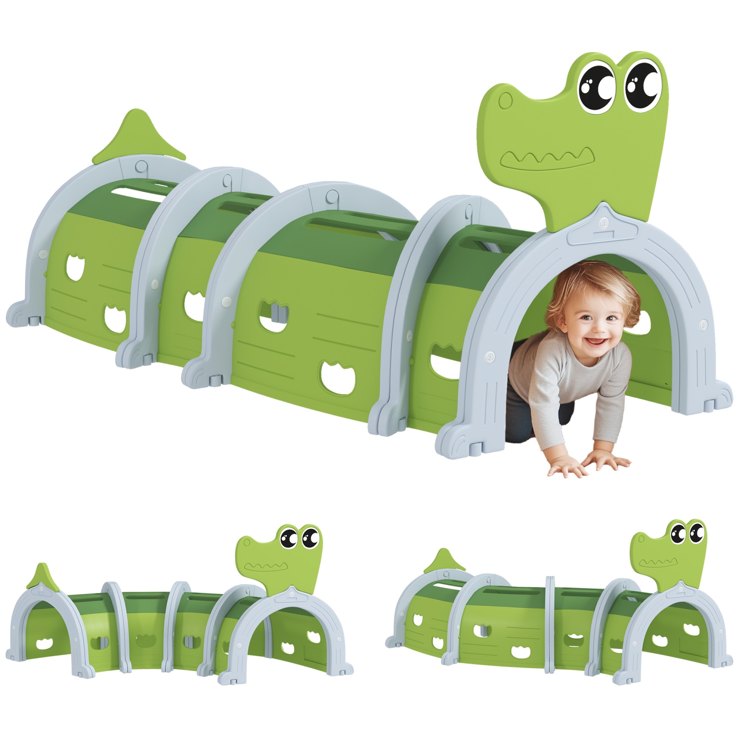 Qaba – Tunnel pour les enfants à ramper, conception crocodile, tunnel de jeu pour tout-petits, structure de jeu intérieure et extérieure pour jouets