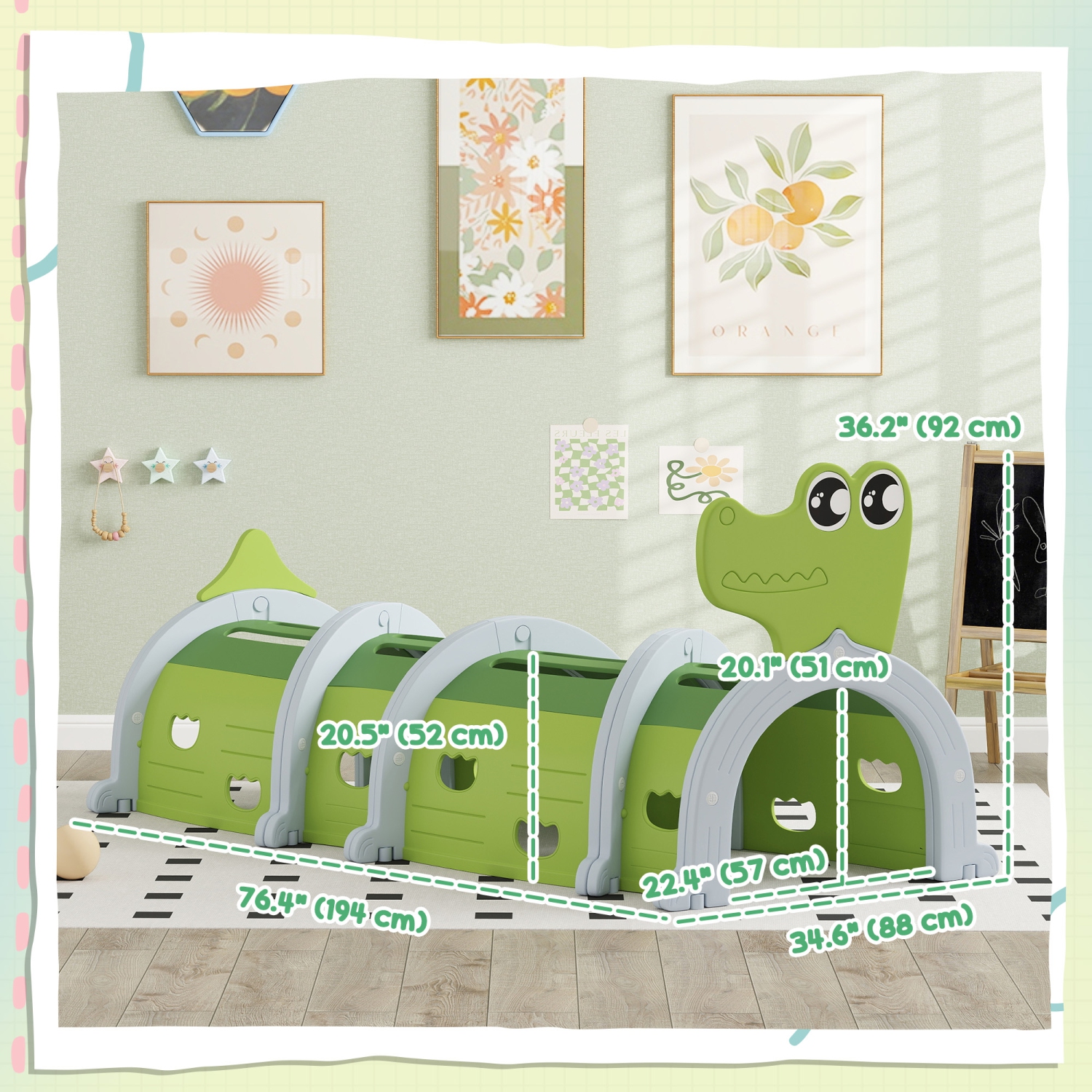 Qaba – Tunnel pour les enfants à ramper, conception crocodile, tunnel de jeu pour tout-petits, structure de jeu intérieure et extérieure pour jouets