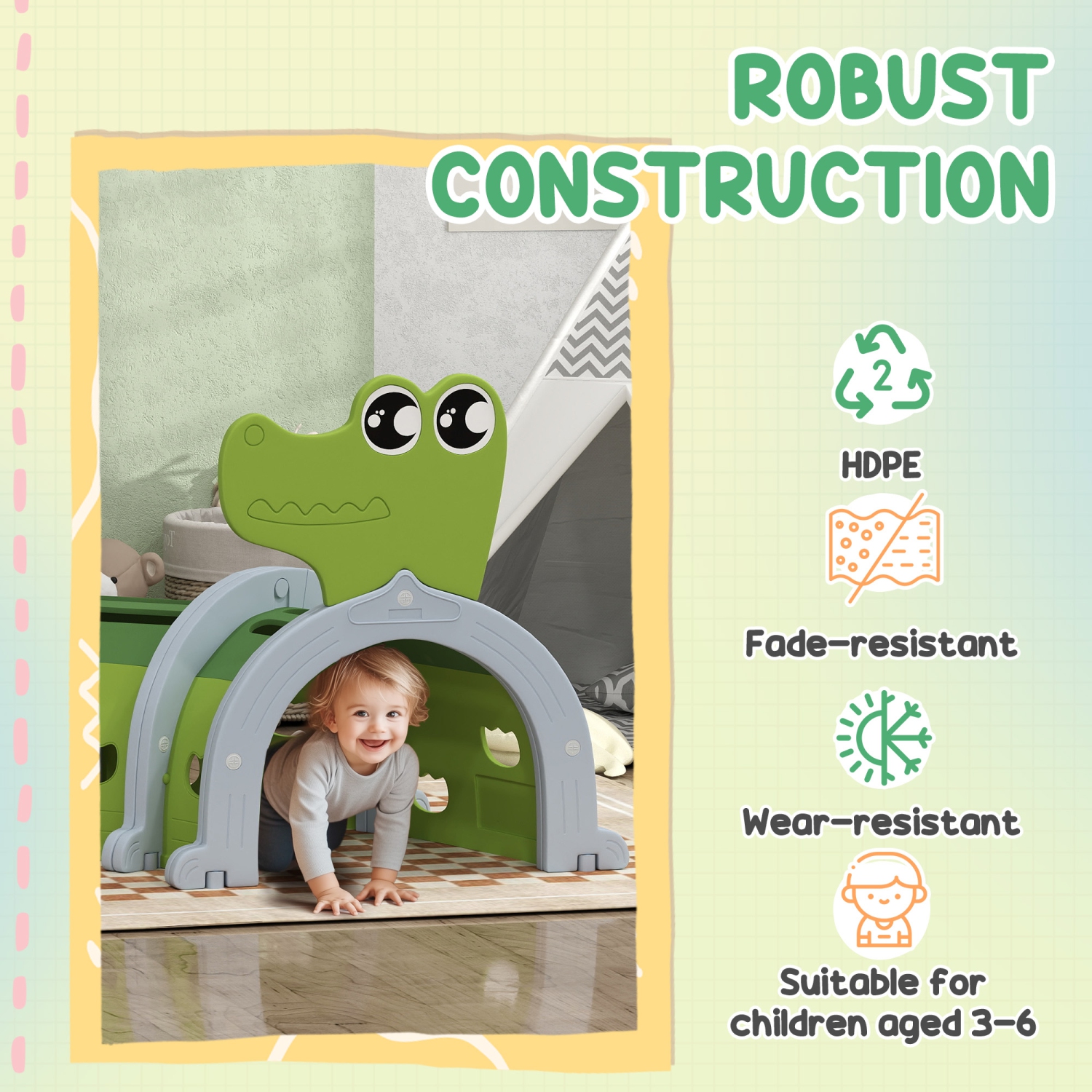 Qaba – Tunnel pour les enfants à ramper, conception crocodile, tunnel de jeu pour tout-petits, structure de jeu intérieure et extérieure pour jouets
