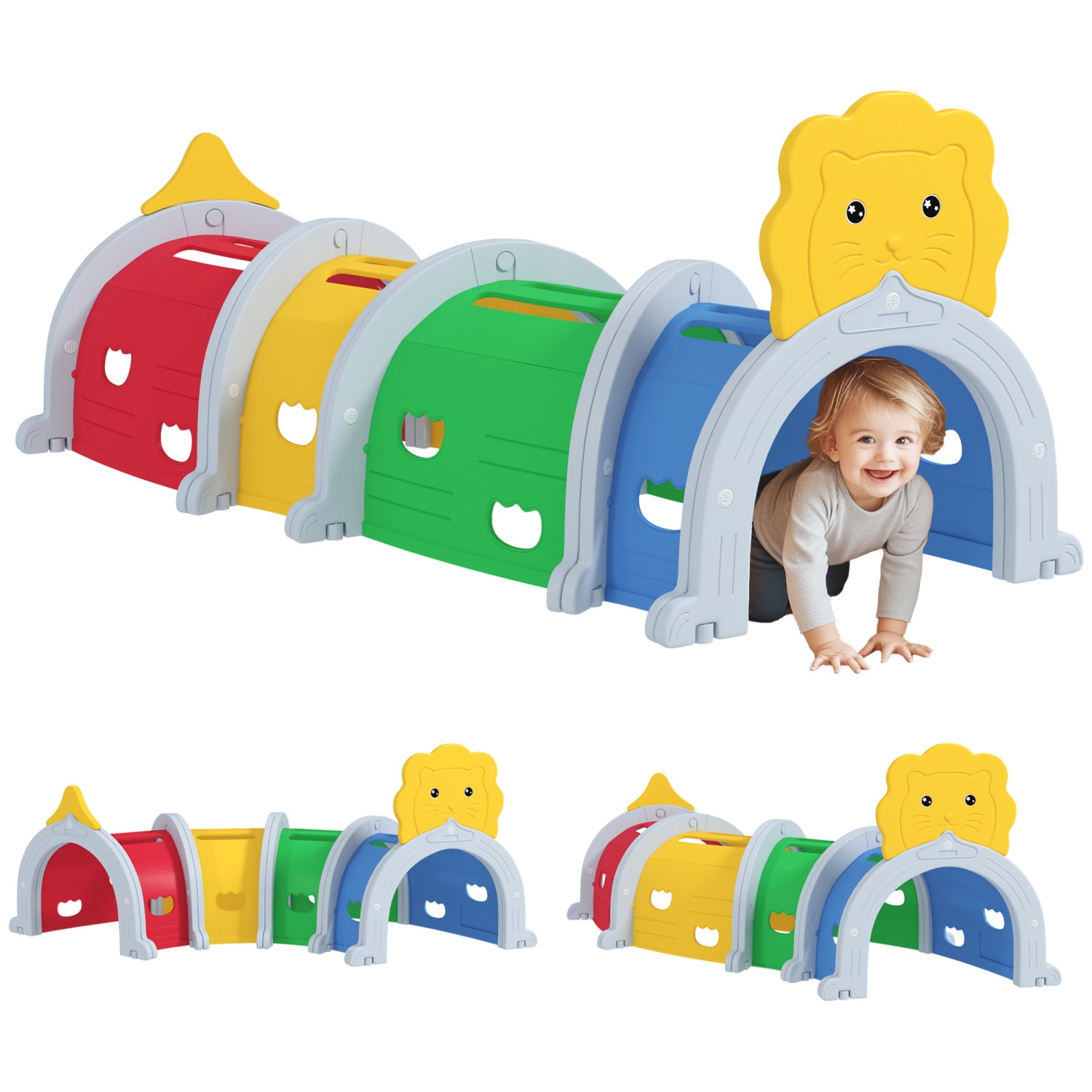 Qaba – Tunnel pour les enfants à ramper, Lion Design – Structure de jeu Tunnel intérieur et extérieur pour jouets d'escalade pour 3-6 ans,