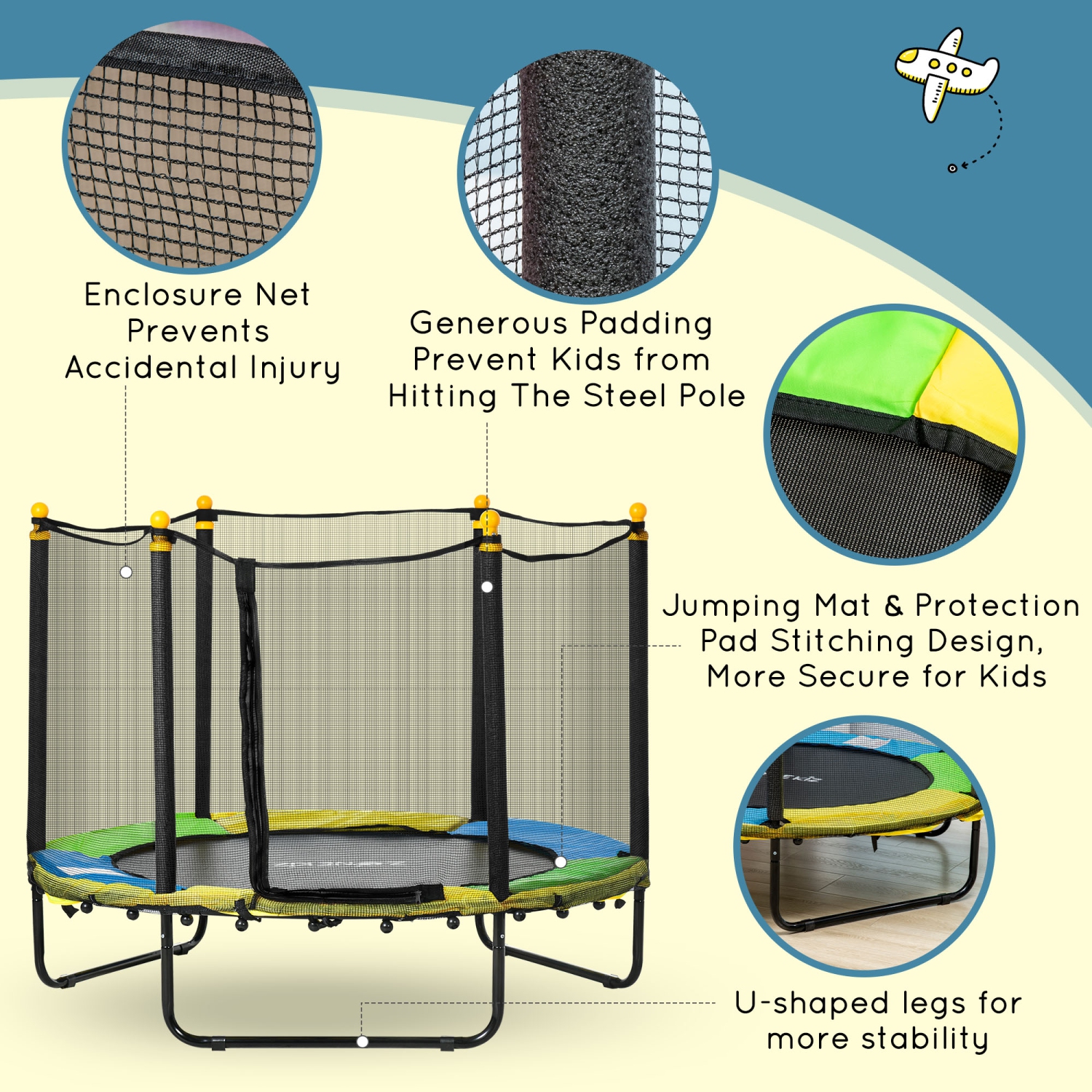 Qaba – Trampoline de 55&nbsp;po pour enfants, 44,5&nbsp;po trampoline intérieur extérieur pour tout-petit avec filet de sécurité, bébé jeux