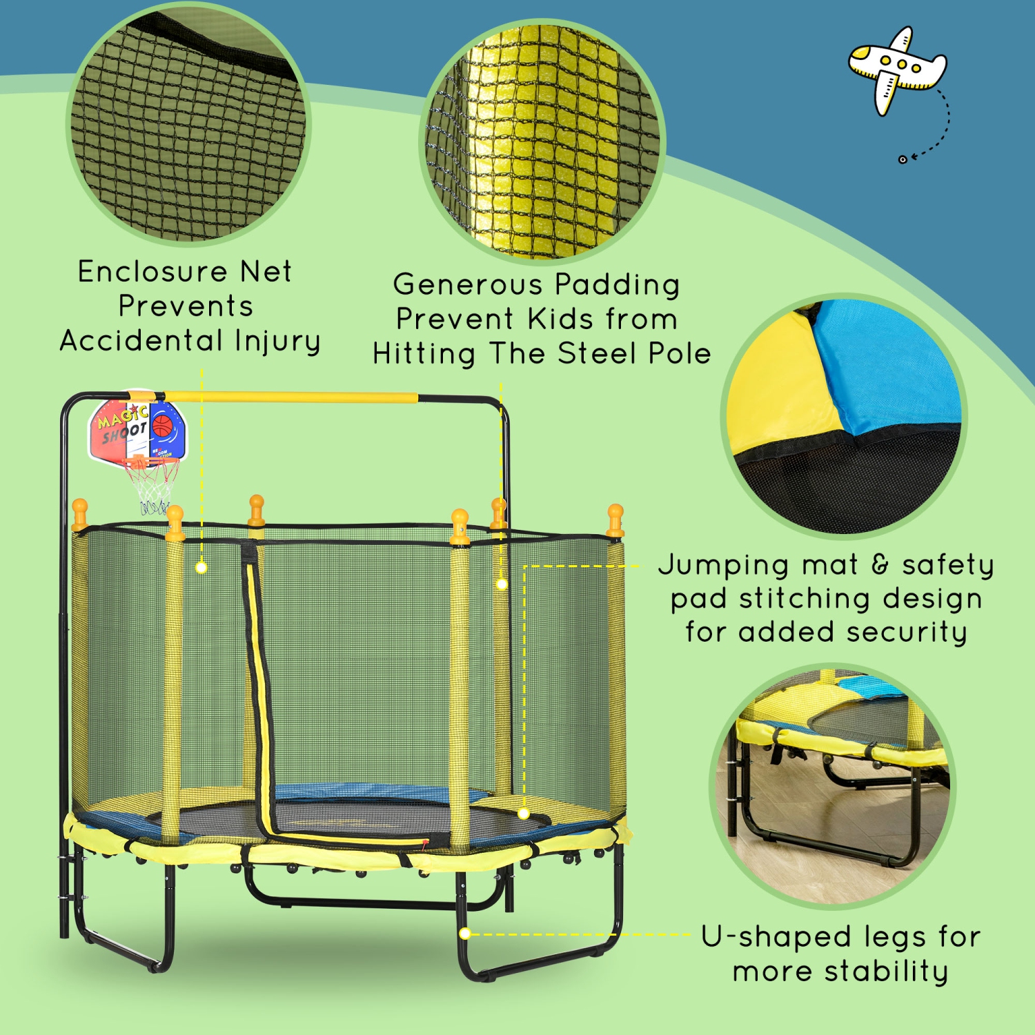 Trampoline de 55&nbsp;po pour enfants de Qaba, trampoline d'intérieur extérieur pour tout-petit 47,2&nbsp;po-55,1&nbsp;poH avec filet de sécurité,