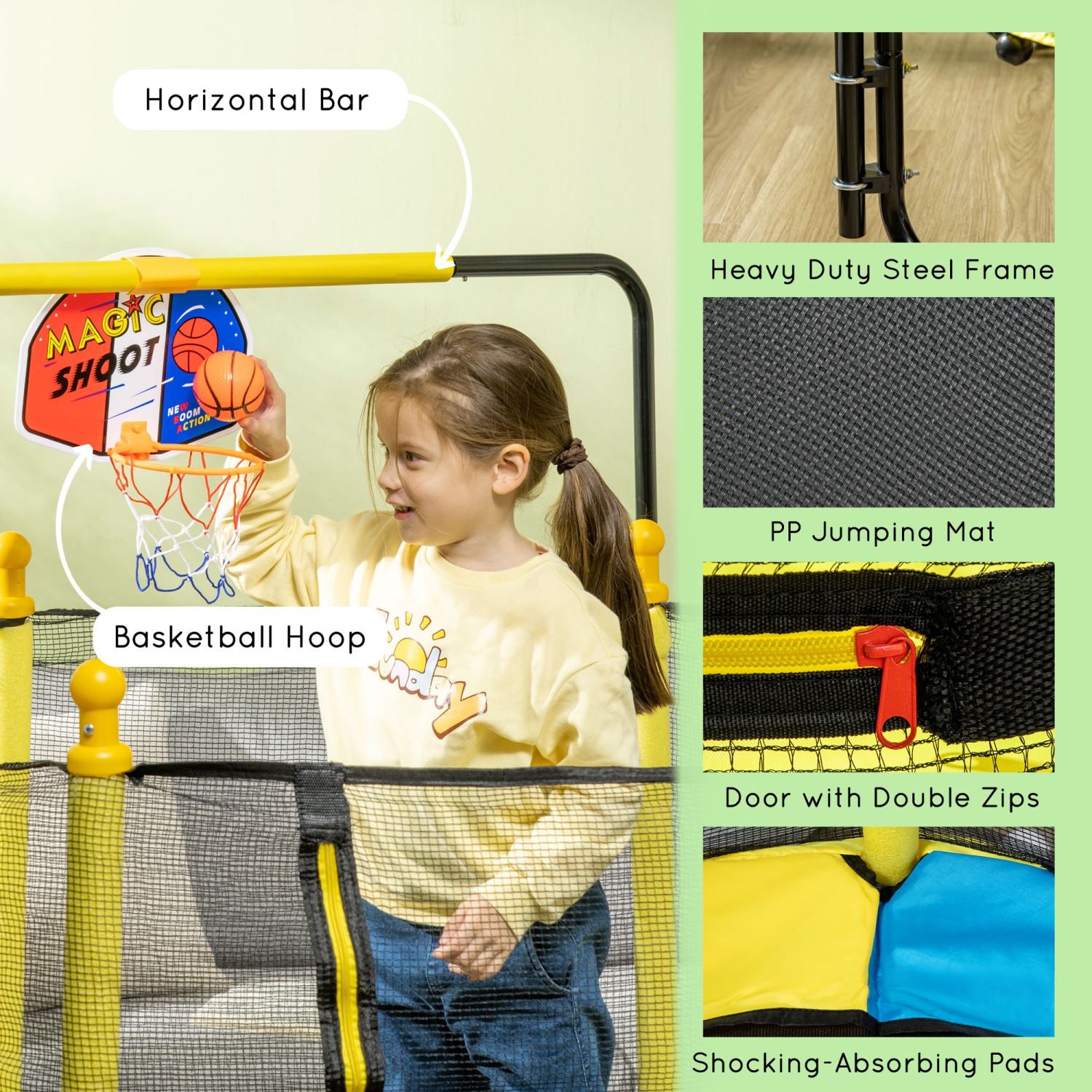 Trampoline de 55&nbsp;po pour enfants de Qaba, trampoline d'intérieur extérieur pour tout-petit 47,2&nbsp;po-55,1&nbsp;poH avec filet de sécurité,