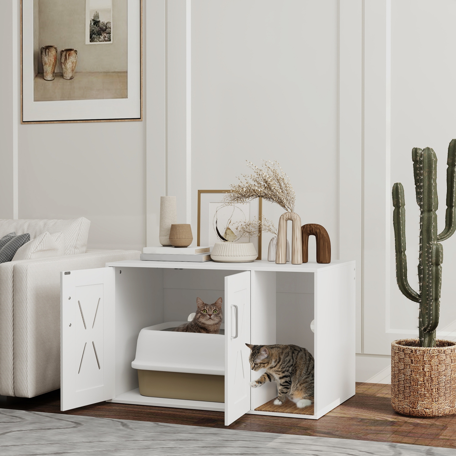 PawHut – Armoire à litière pour chats, meuble caché pour litière pour chats avec plateau à gratter, table d'extrémité pour la maison pour chats et