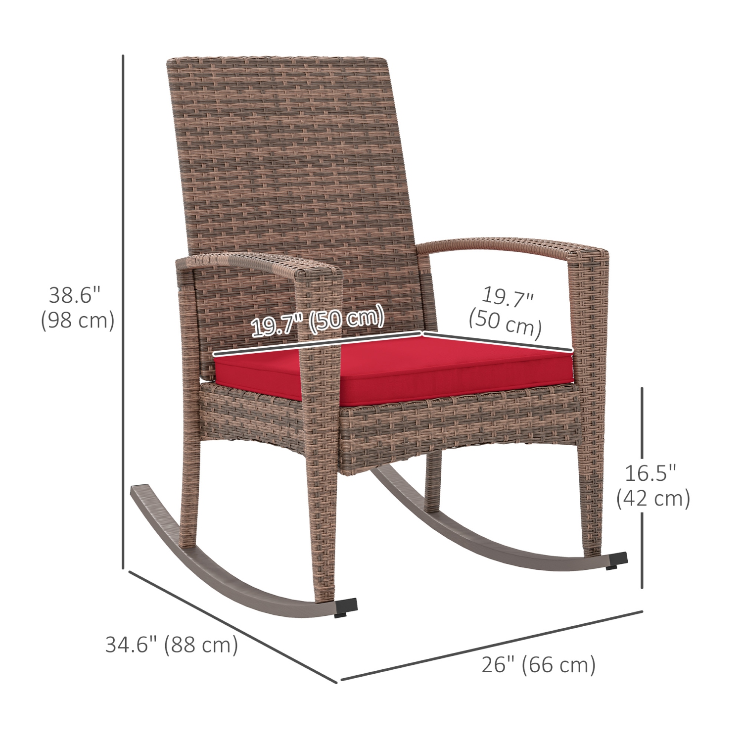 Outsunny Outdoor PE Rattan Rocking Chair, Garden Wicker Glider Rocking Chair Set with Armrest and Cushion for Patio, Balcony, Deck, Wine Red