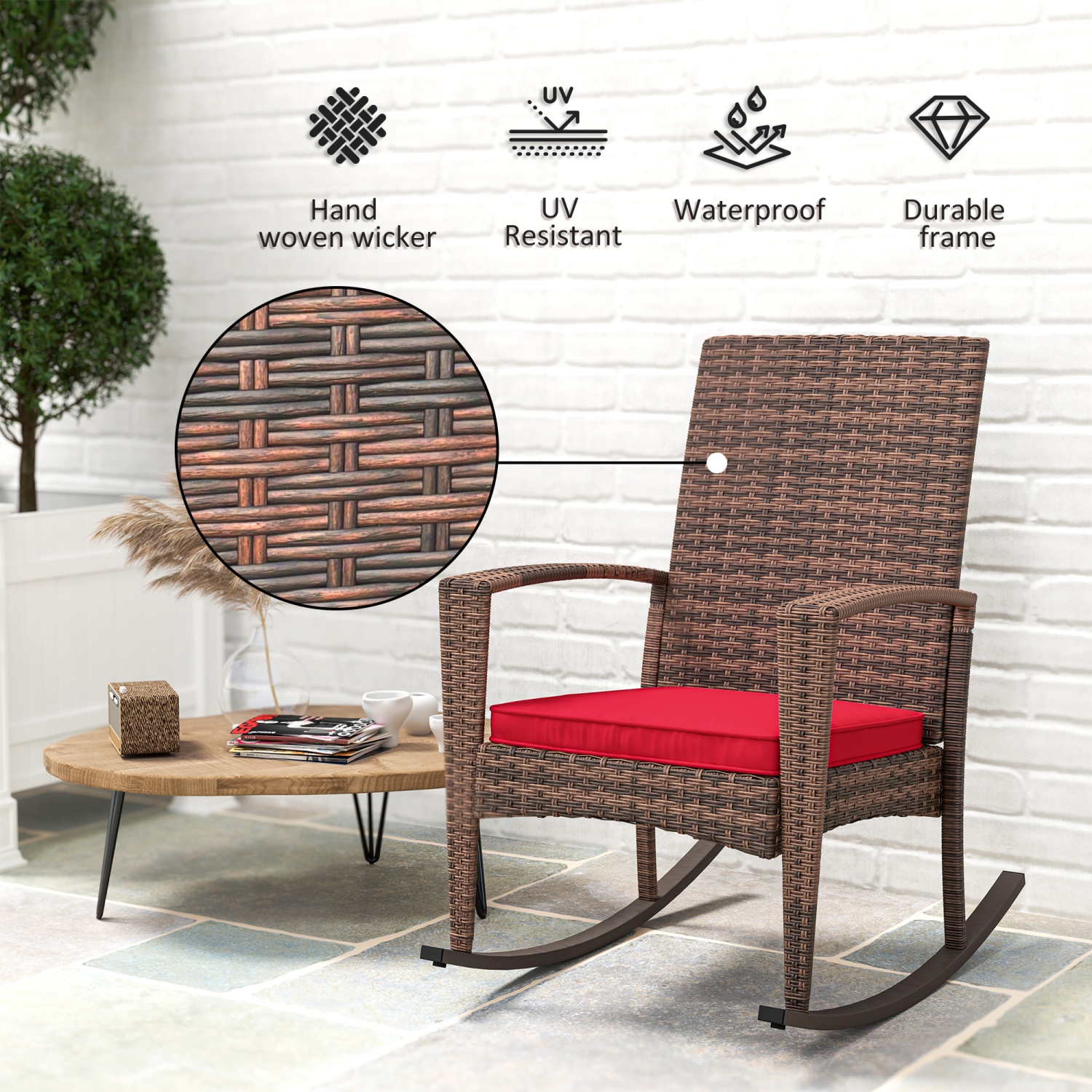 Outsunny Outdoor PE Rattan Rocking Chair, Garden Wicker Glider Rocking Chair Set with Armrest and Cushion for Patio, Balcony, Deck, Wine Red
