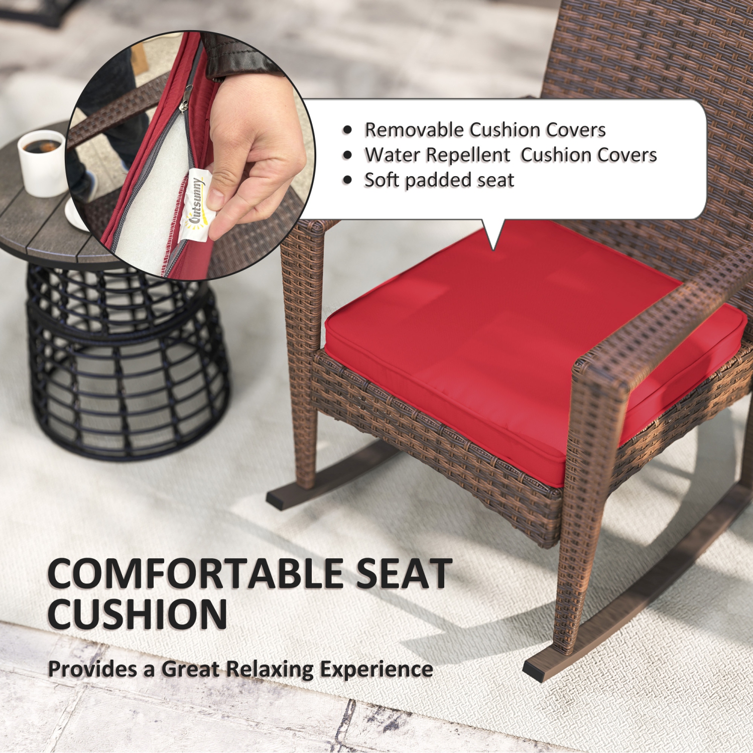 Outsunny Outdoor PE Rattan Rocking Chair, Garden Wicker Glider Rocking Chair Set with Armrest and Cushion for Patio, Balcony, Deck, Wine Red
