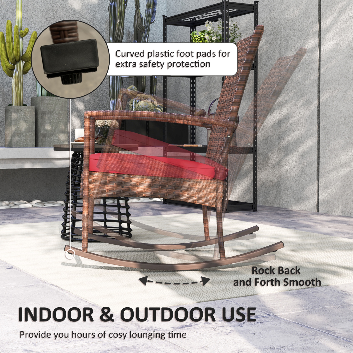 Outsunny Outdoor PE Rattan Rocking Chair, Garden Wicker Glider Rocking Chair Set with Armrest and Cushion for Patio, Balcony, Deck, Wine Red