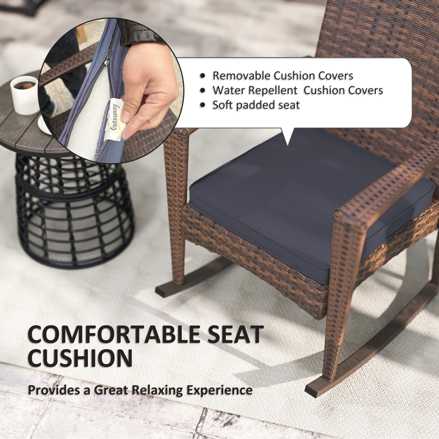 Outsunny Outdoor PE Rattan Rocking Chair, Garden Wicker Glider Rocking Chair Set with Armrest and Cushion for Patio, Balcony, Deck, Dark Blue