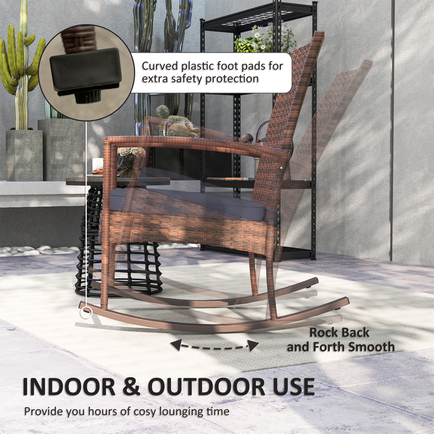 Outsunny Outdoor PE Rattan Rocking Chair, Garden Wicker Glider Rocking Chair Set with Armrest and Cushion for Patio, Balcony, Deck, Dark Blue