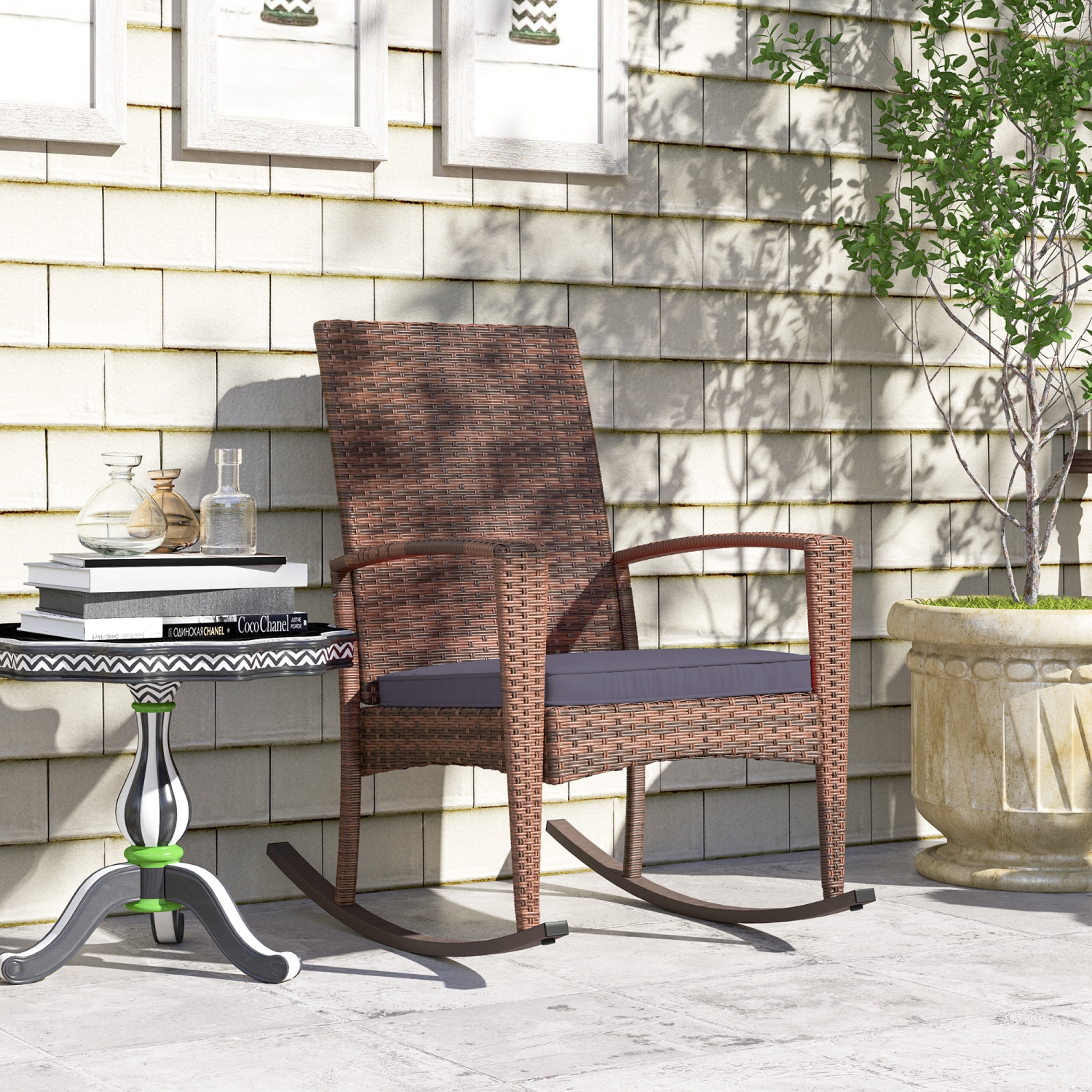 Outsunny Outdoor PE Rattan Rocking Chair, Garden Wicker Glider Rocking Chair Set with Armrest and Cushion for Patio, Balcony, Deck, Dark Blue