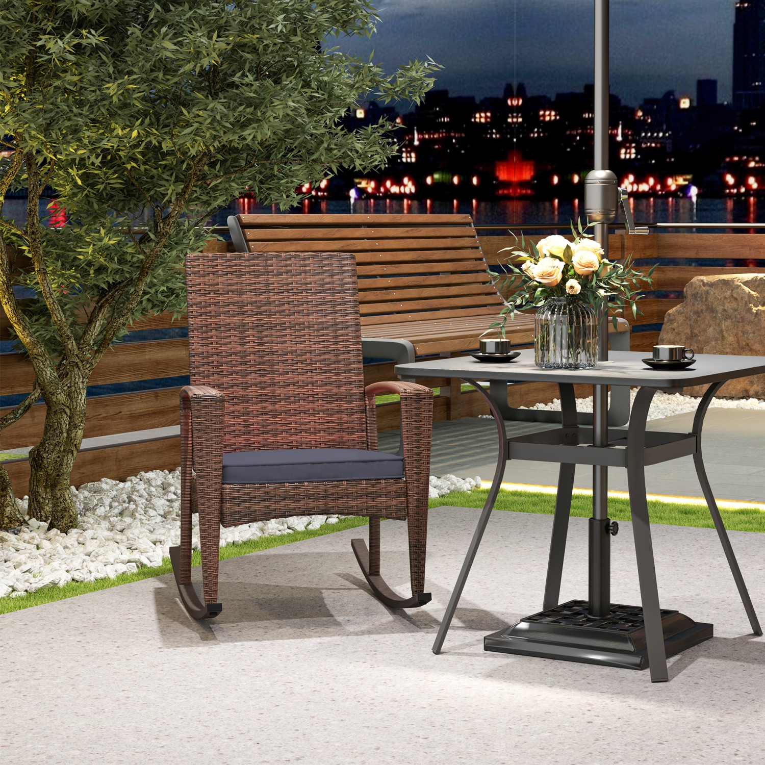 Outsunny Outdoor PE Rattan Rocking Chair, Garden Wicker Glider Rocking Chair Set with Armrest and Cushion for Patio, Balcony, Deck, Dark Blue